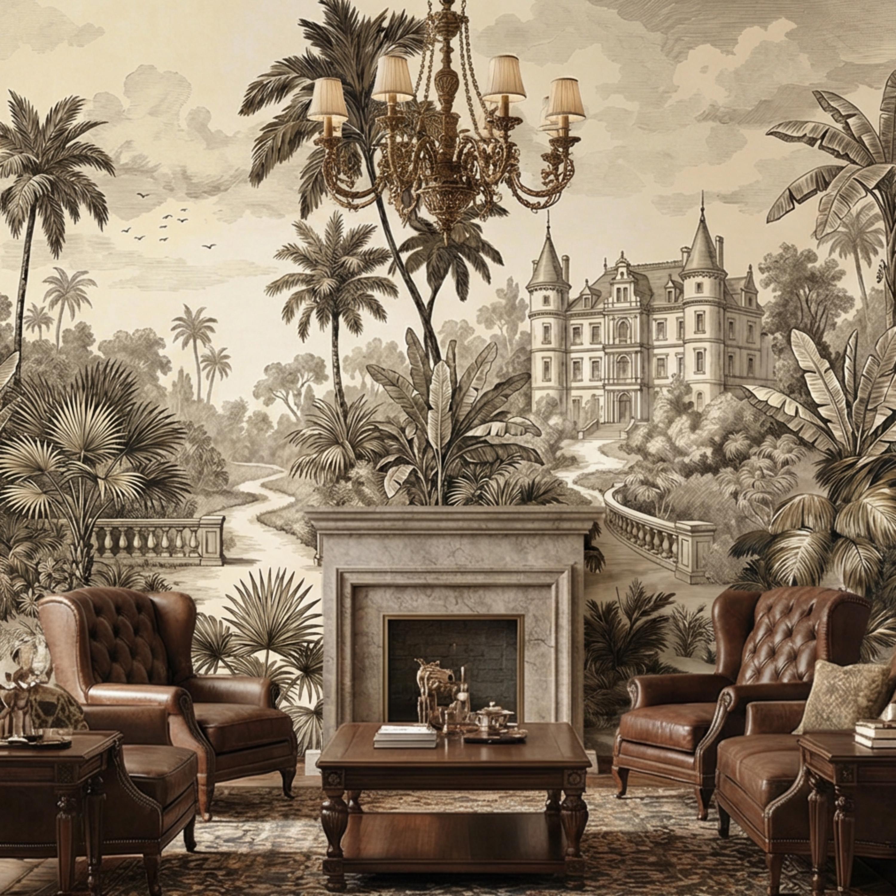 Vintage Tropical Toile Sepia Palm Tree Chateau Landscape Peel and Stick Wall Mural, Neutral Monochrome Illustration Wallpaper