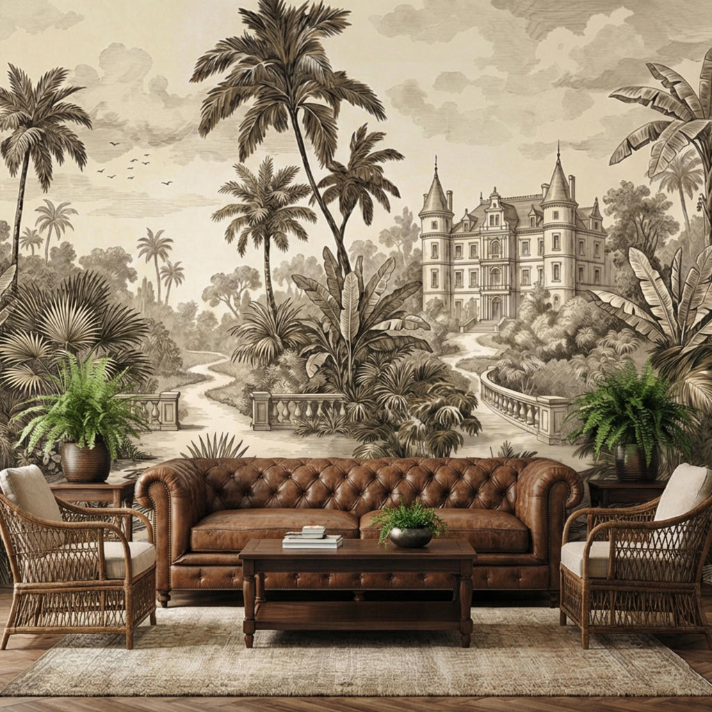 Vintage Tropical Toile Sepia Palm Tree Chateau Landscape Peel and Stick Wall Mural, Neutral Monochrome Illustration Wallpaper