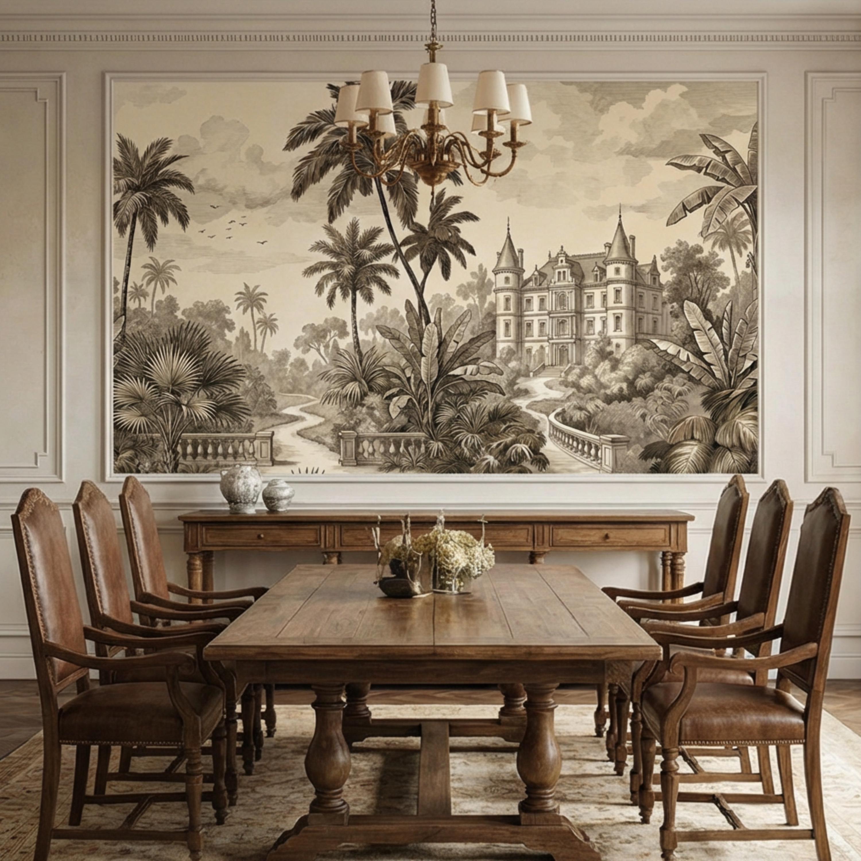 Vintage Tropical Toile Sepia Palm Tree Chateau Landscape Peel and Stick Wall Mural, Neutral Monochrome Illustration Wallpaper