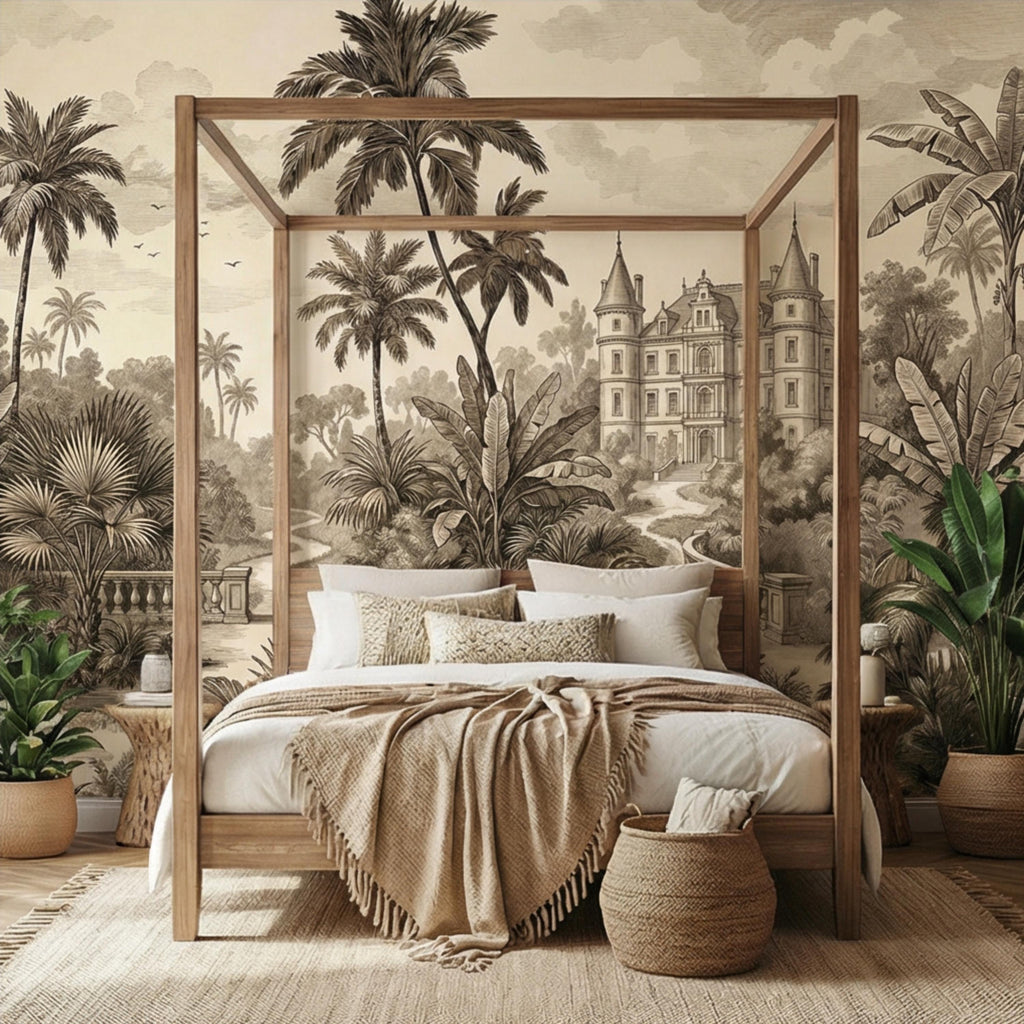 Vintage Tropical Toile Sepia Palm Tree Chateau Landscape Peel and Stick Wall Mural, Neutral Monochrome Illustration Wallpaper