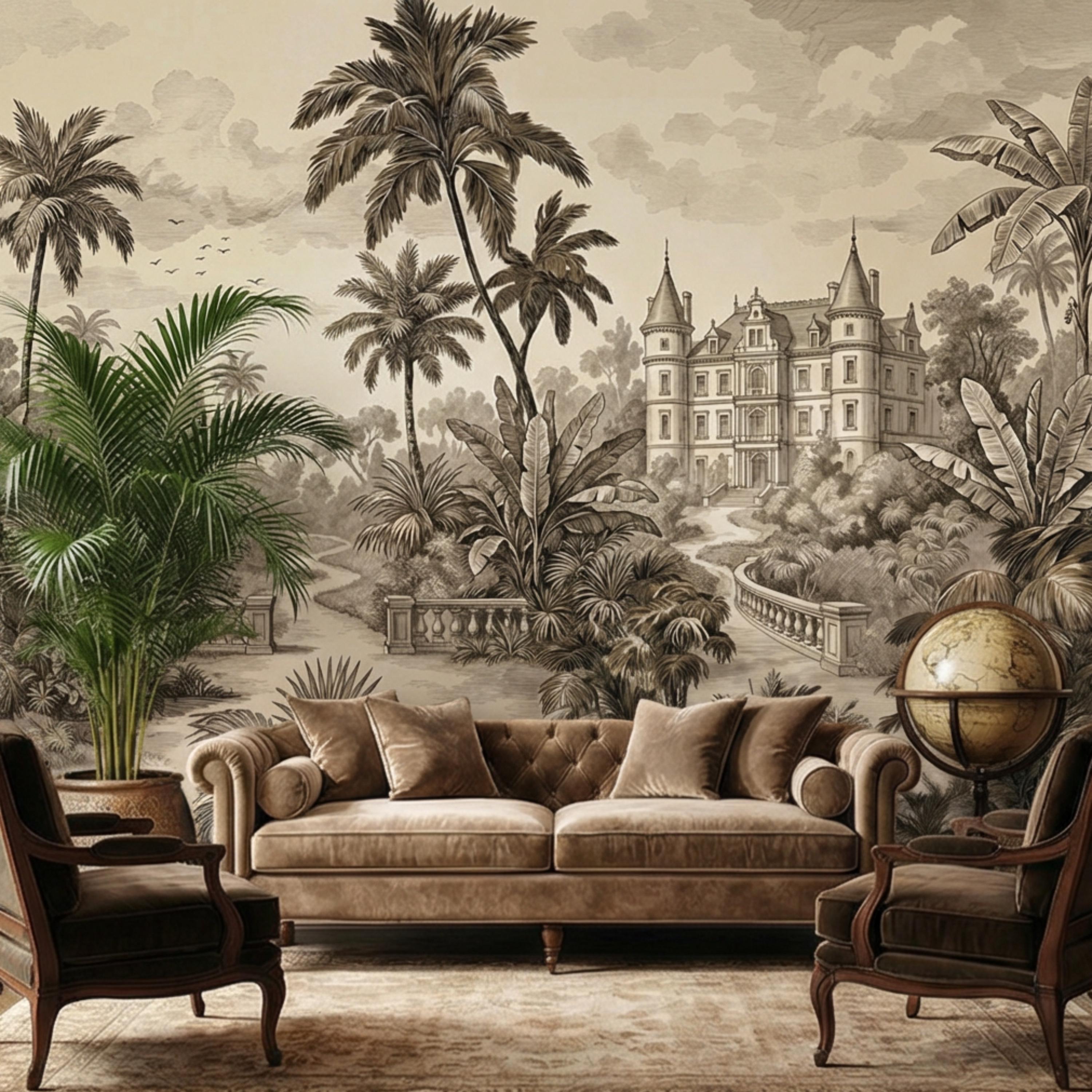 Vintage Tropical Toile Sepia Palm Tree Chateau Landscape Peel and Stick Wall Mural, Neutral Monochrome Illustration Wallpaper
