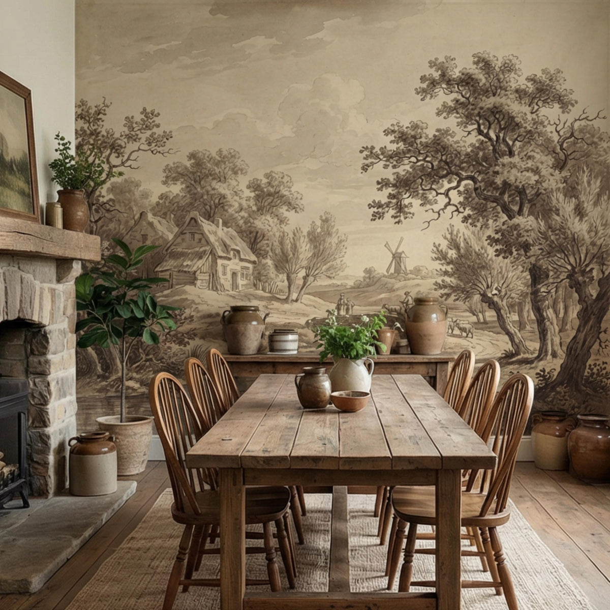 Countryside wall mural with cottage scene, arched bridge, windmill, and trees