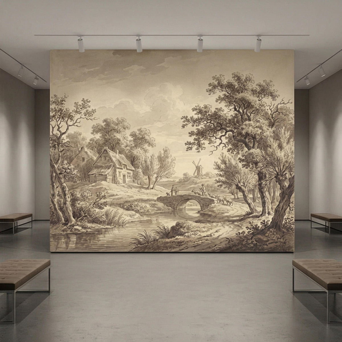 Wall mural canvas showing pastoral bridge, cottage homes, and tall trees in sepia