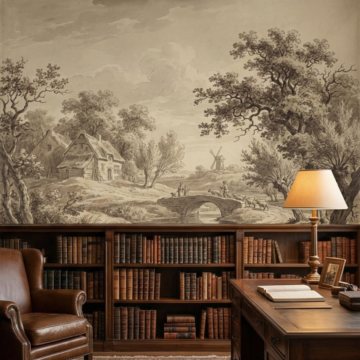 Pastoral landscape wall mural with arched bridge, trees, and cottage houses