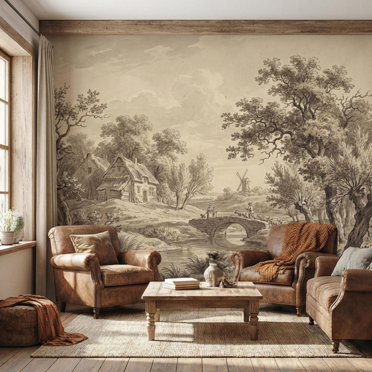 Vintage pastoral wall mural with cottage, arched bridge, trees, and windmill