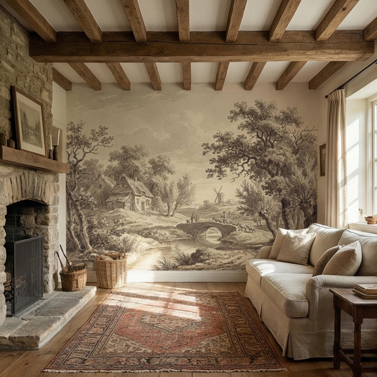 Sepia countryside wall mural featuring cottage village, bridge, and windmill
