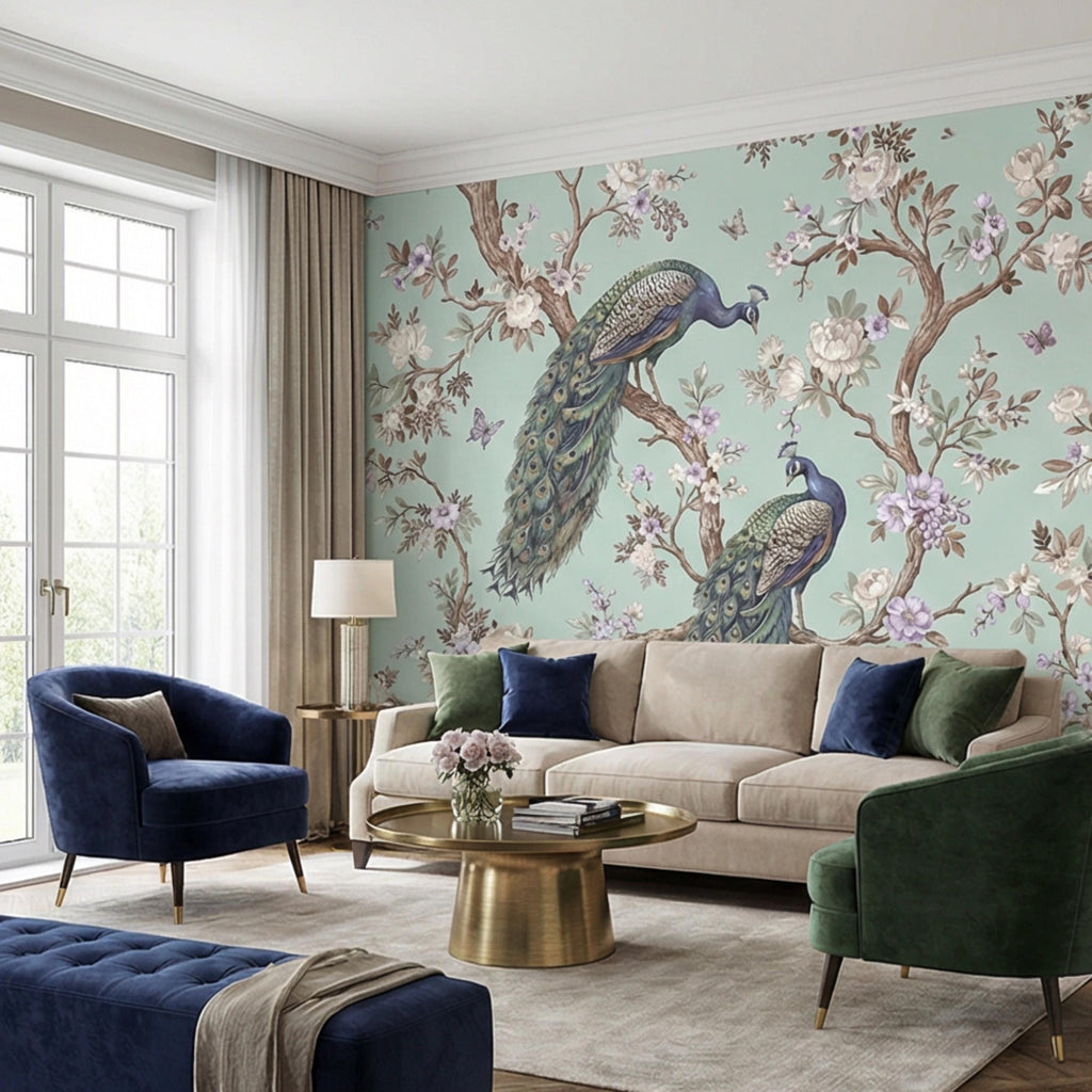 Pastel Mint Chinoiserie Peacock Floral Peel and Stick Wall Mural, Birds on Blossom Branches Elegant Wallpaper