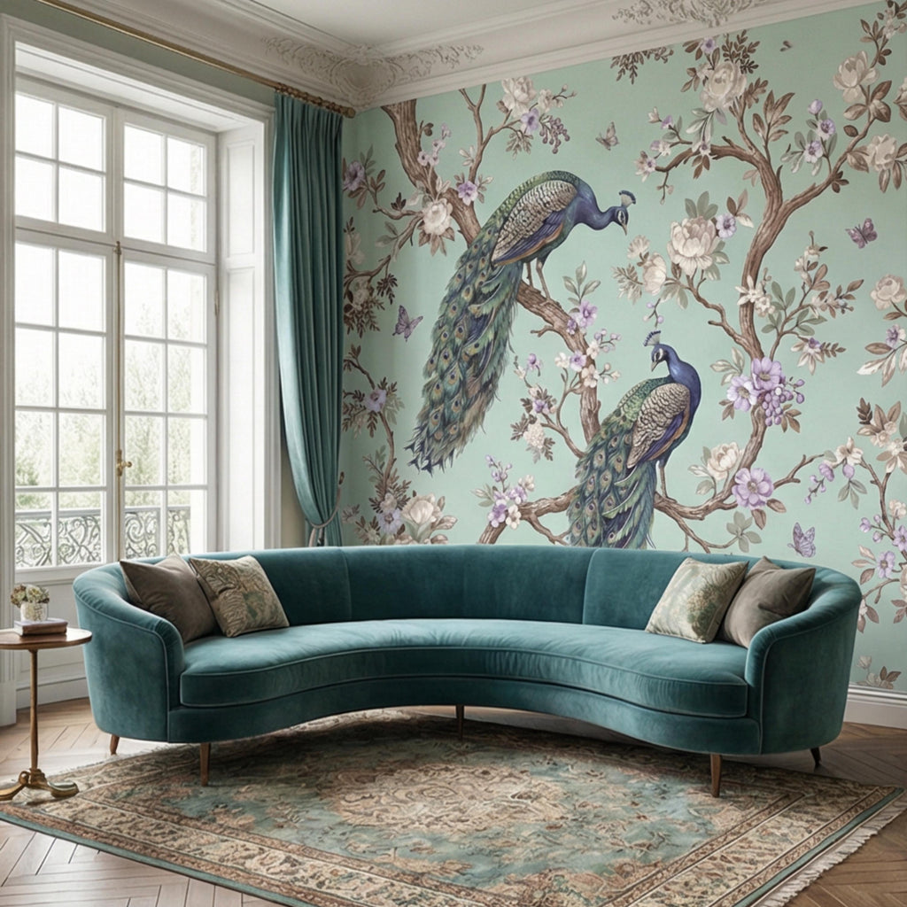 Pastel Mint Chinoiserie Peacock Floral Peel and Stick Wall Mural, Birds on Blossom Branches Elegant Wallpaper