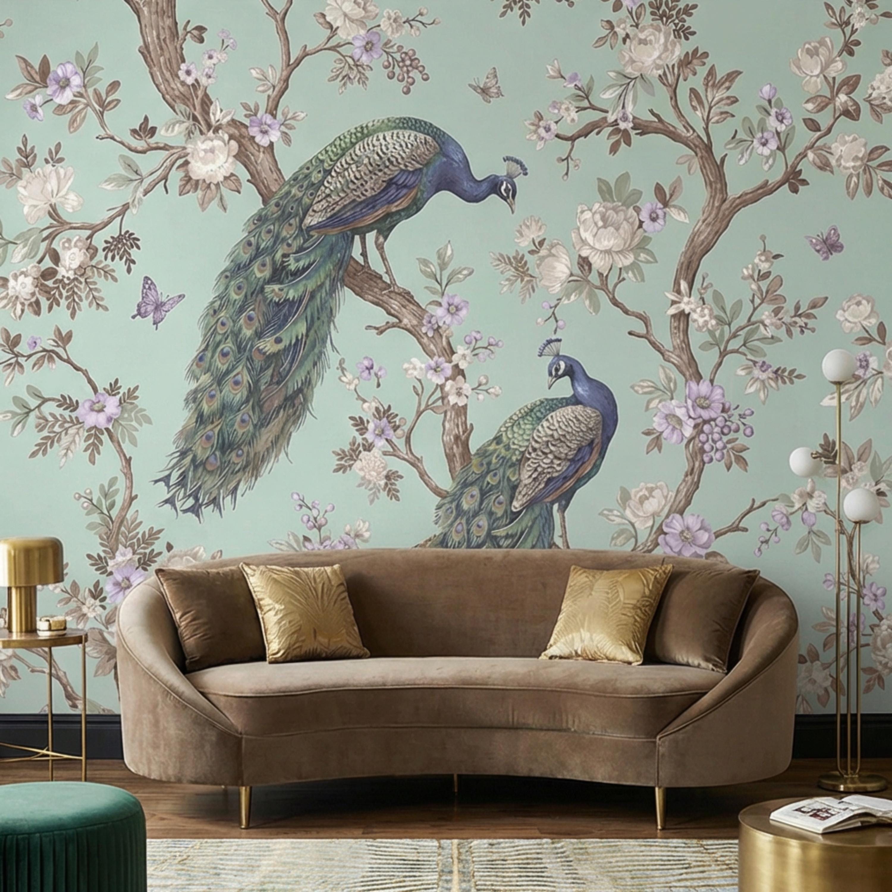 Pastel Mint Chinoiserie Peacock Floral Peel and Stick Wall Mural, Birds on Blossom Branches Elegant Wallpaper