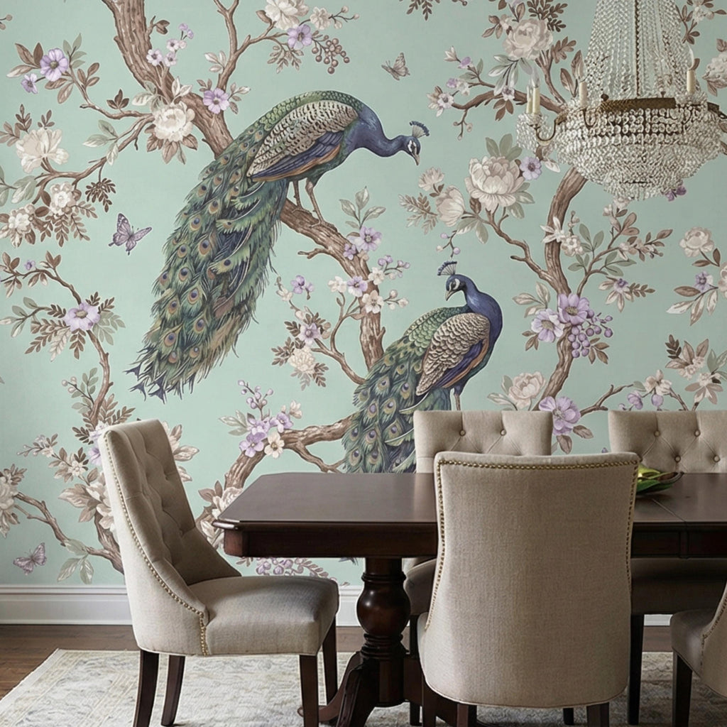 Pastel Mint Chinoiserie Peacock Floral Peel and Stick Wall Mural, Birds on Blossom Branches Elegant Wallpaper