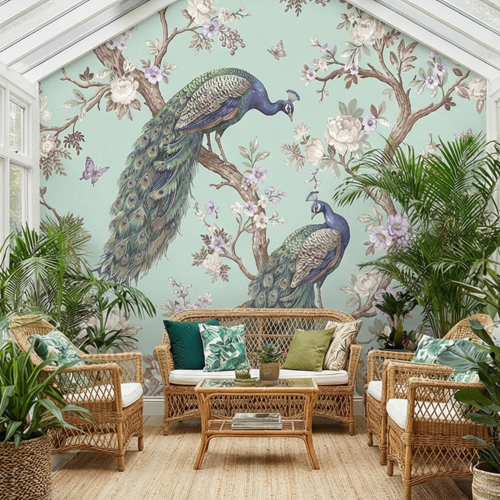 Pastel Mint Chinoiserie Peacock Floral Peel and Stick Wall Mural, Birds on Blossom Branches Elegant Wallpaper