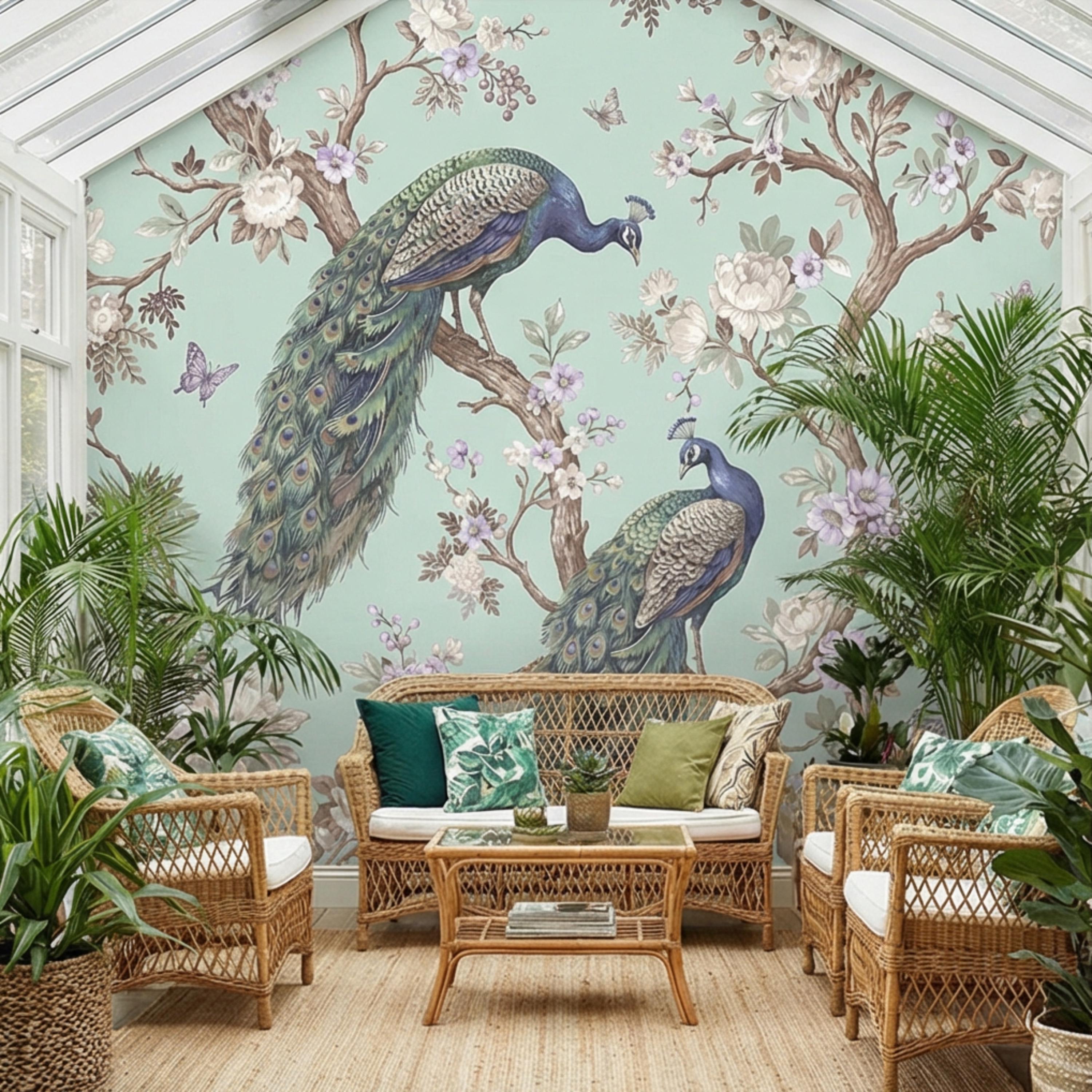 Pastel Mint Chinoiserie Peacock Floral Peel and Stick Wall Mural, Birds on Blossom Branches Elegant Wallpaper