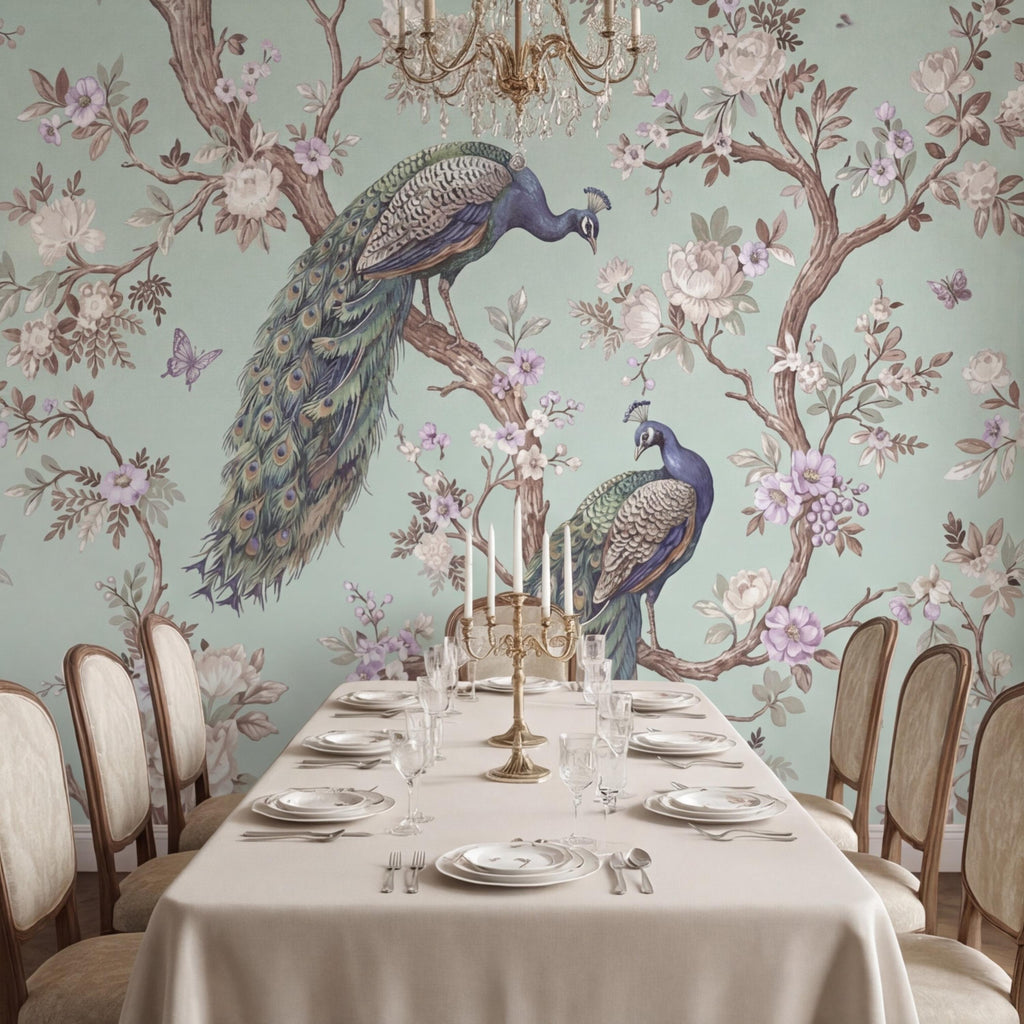 Pastel Mint Chinoiserie Peacock Floral Peel and Stick Wall Mural, Birds on Blossom Branches Elegant Wallpaper