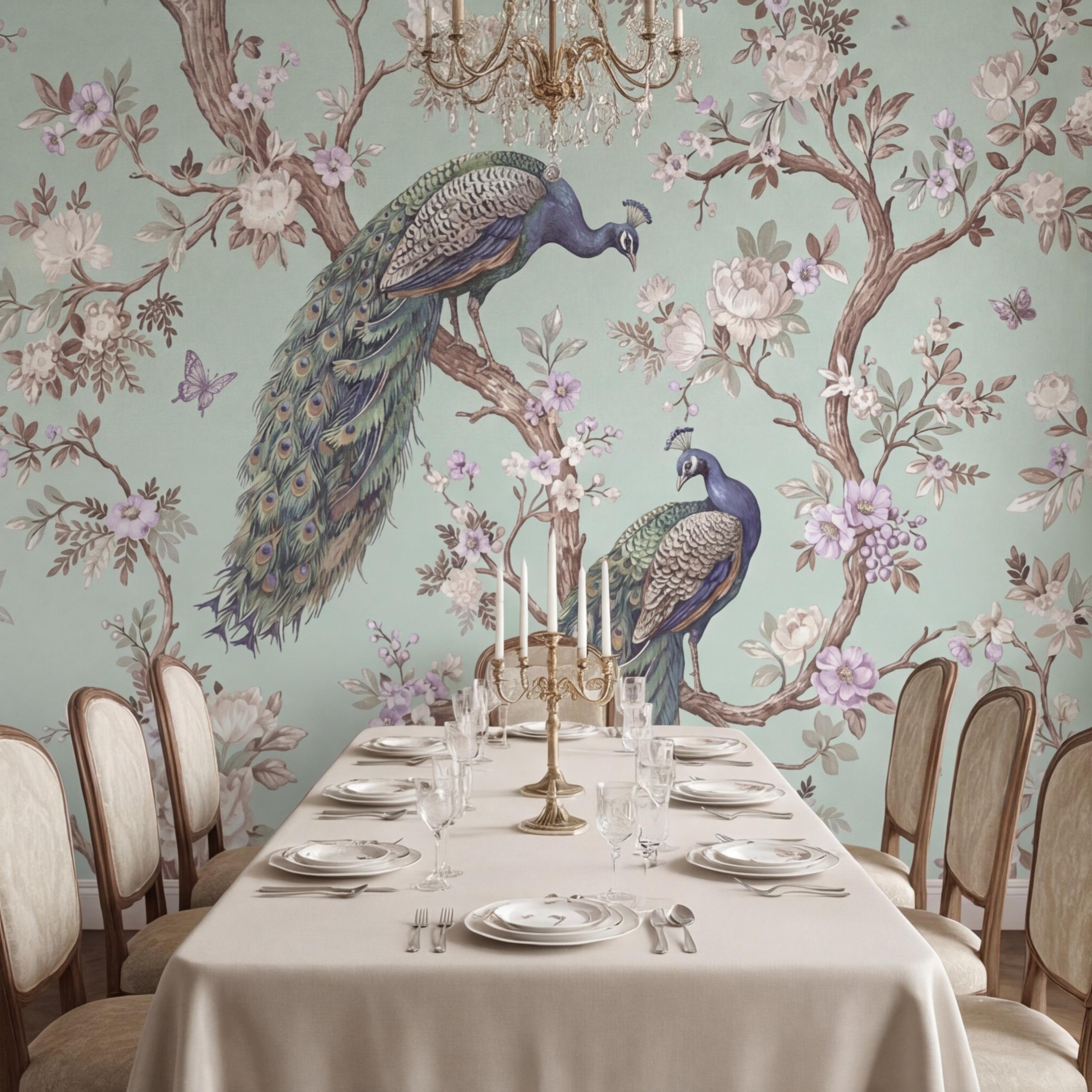 Pastel Mint Chinoiserie Peacock Floral Peel and Stick Wall Mural, Birds on Blossom Branches Elegant Wallpaper