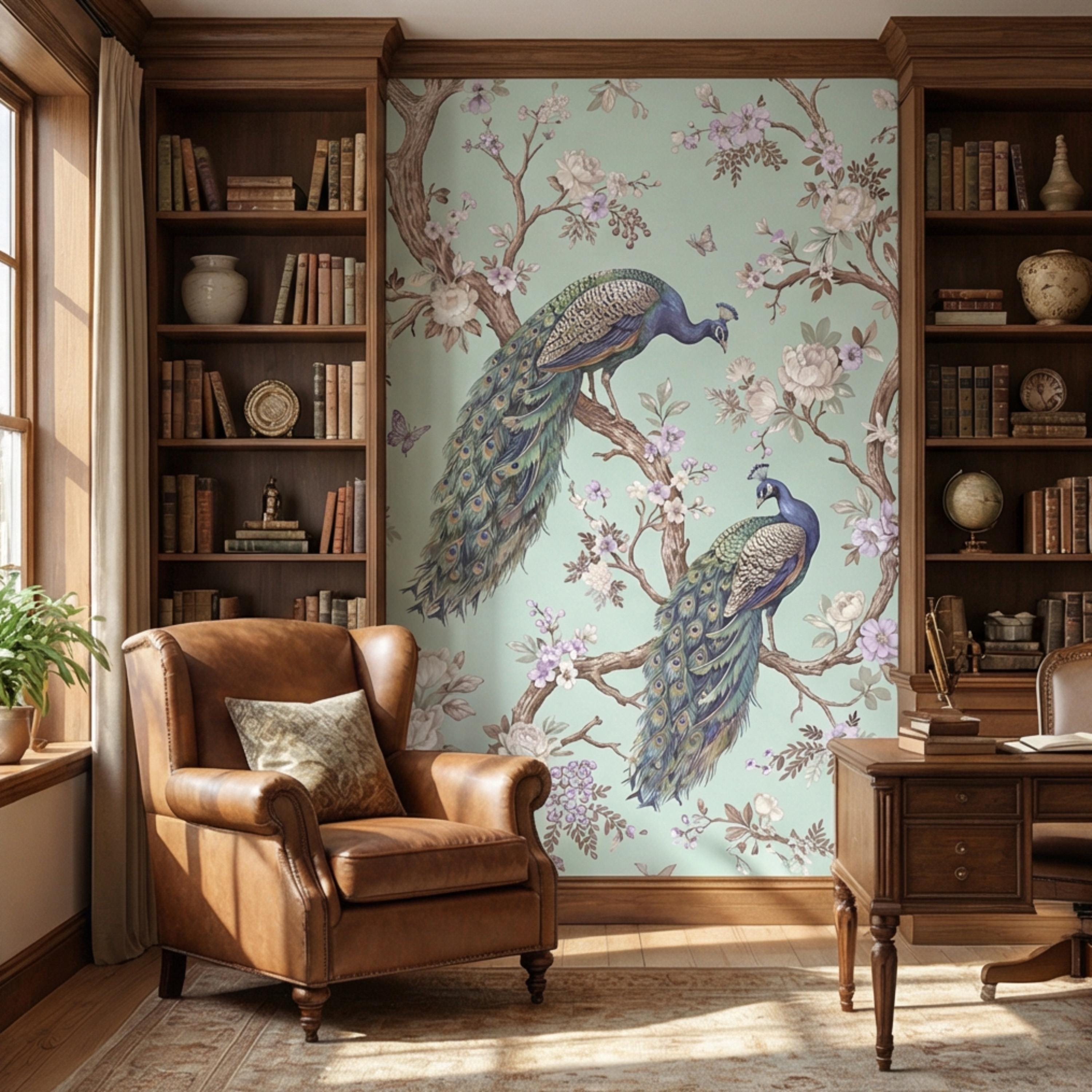 Pastel Mint Chinoiserie Peacock Floral Peel and Stick Wall Mural, Birds on Blossom Branches Elegant Wallpaper
