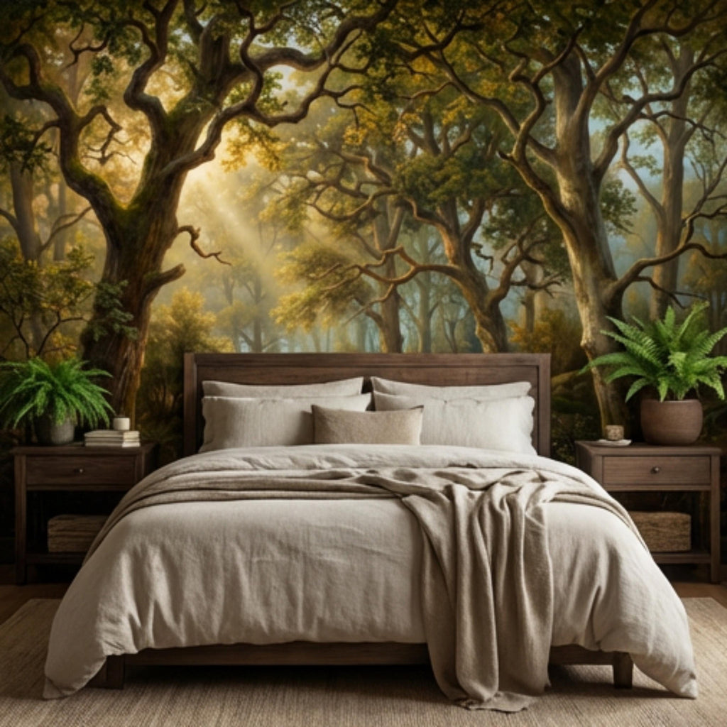 Enchanted Forest Landscape Peel and Stick Wall Mural, Sunlit Woodland Path with Mossy Rocks, Moody Nature Wallpaper