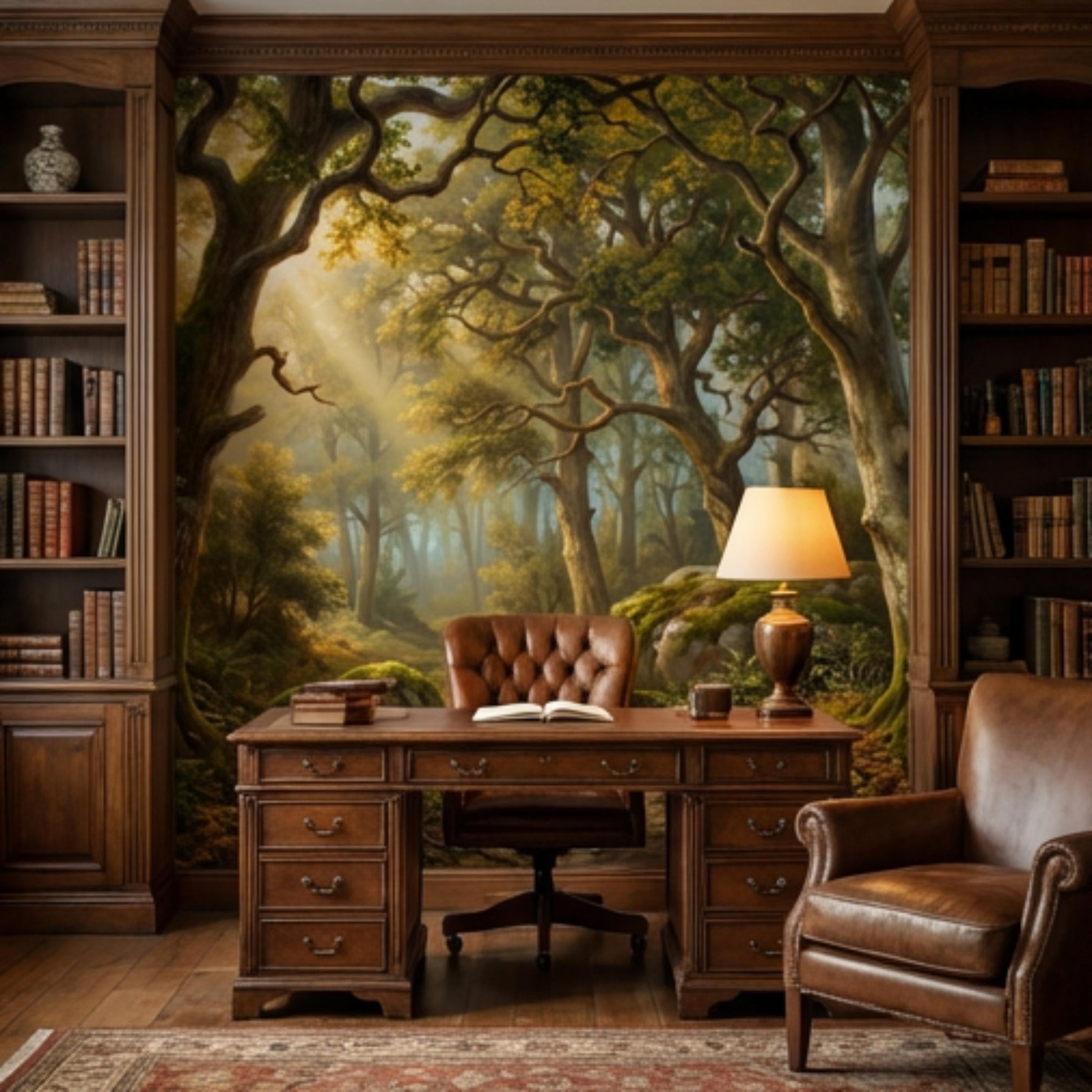 Enchanted Forest Landscape Peel and Stick Wall Mural, Sunlit Woodland Path with Mossy Rocks, Moody Nature Wallpaper