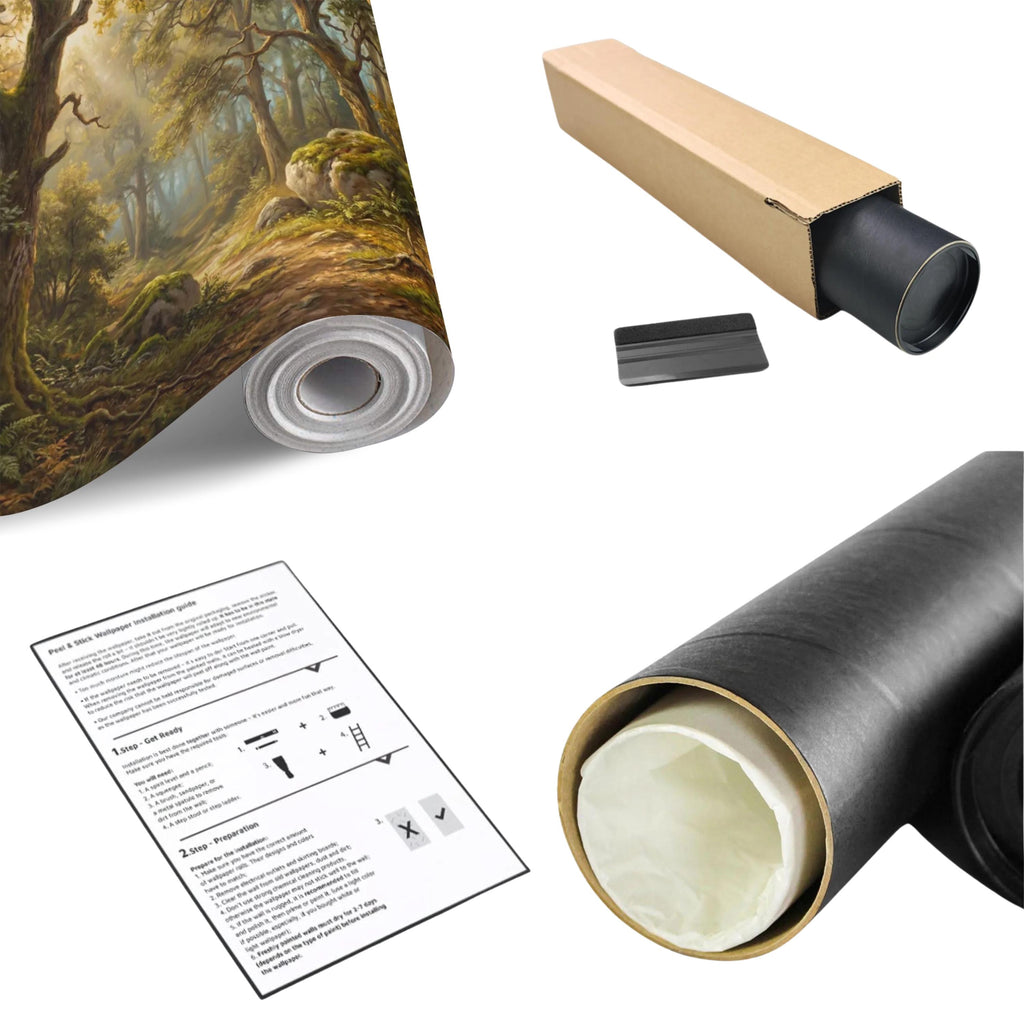 Enchanted Forest Landscape Peel and Stick Wall Mural, Sunlit Woodland Path with Mossy Rocks, Moody Nature Wallpaper