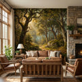 Enchanted Forest Landscape Peel and Stick Wall Mural, Sunlit Woodland Path with Mossy Rocks, Moody Nature Wallpaper
