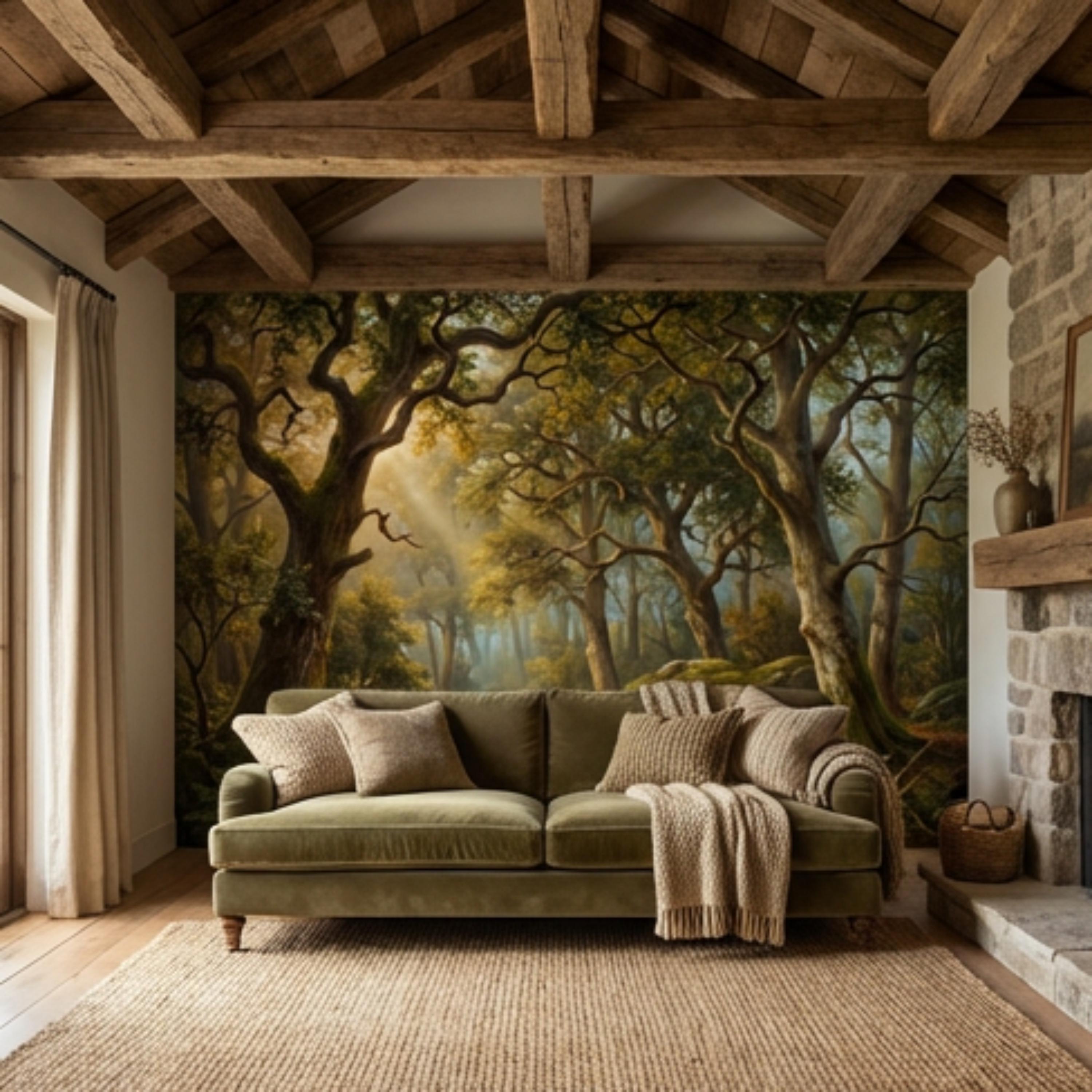 Enchanted Forest Landscape Peel and Stick Wall Mural, Sunlit Woodland Path with Mossy Rocks, Moody Nature Wallpaper
