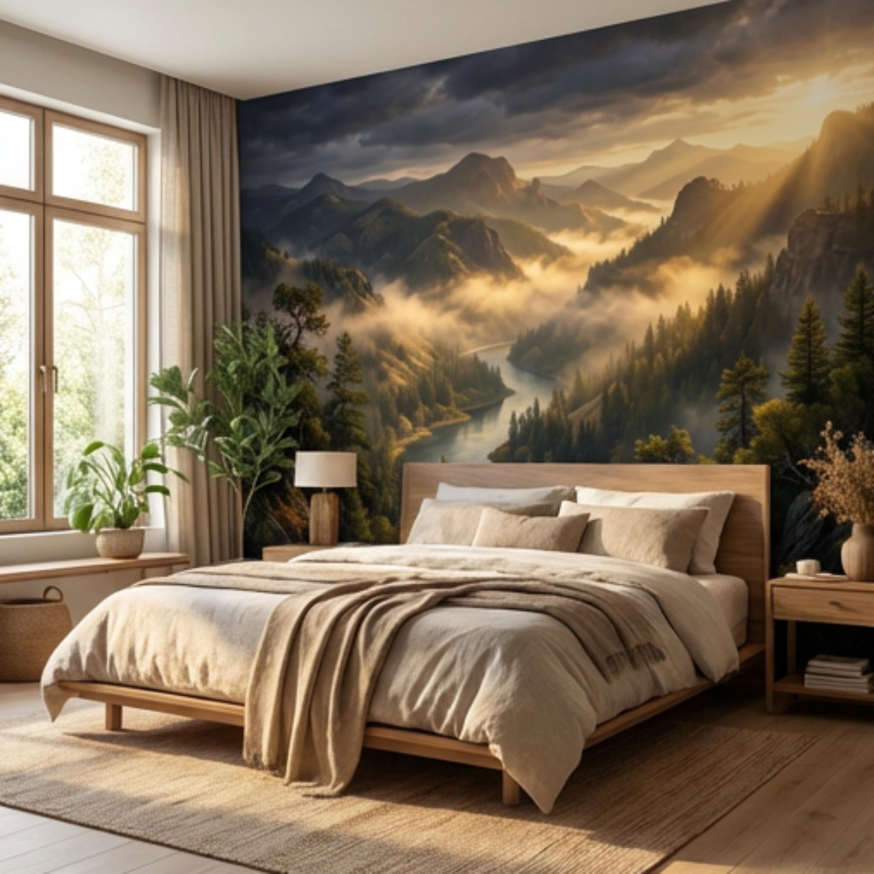 Mountain River Landscape Misty Forest Valley at Sunset Peel and Stick Wall Mural, Scenic Nature Wallpaper Living Room Bedroom