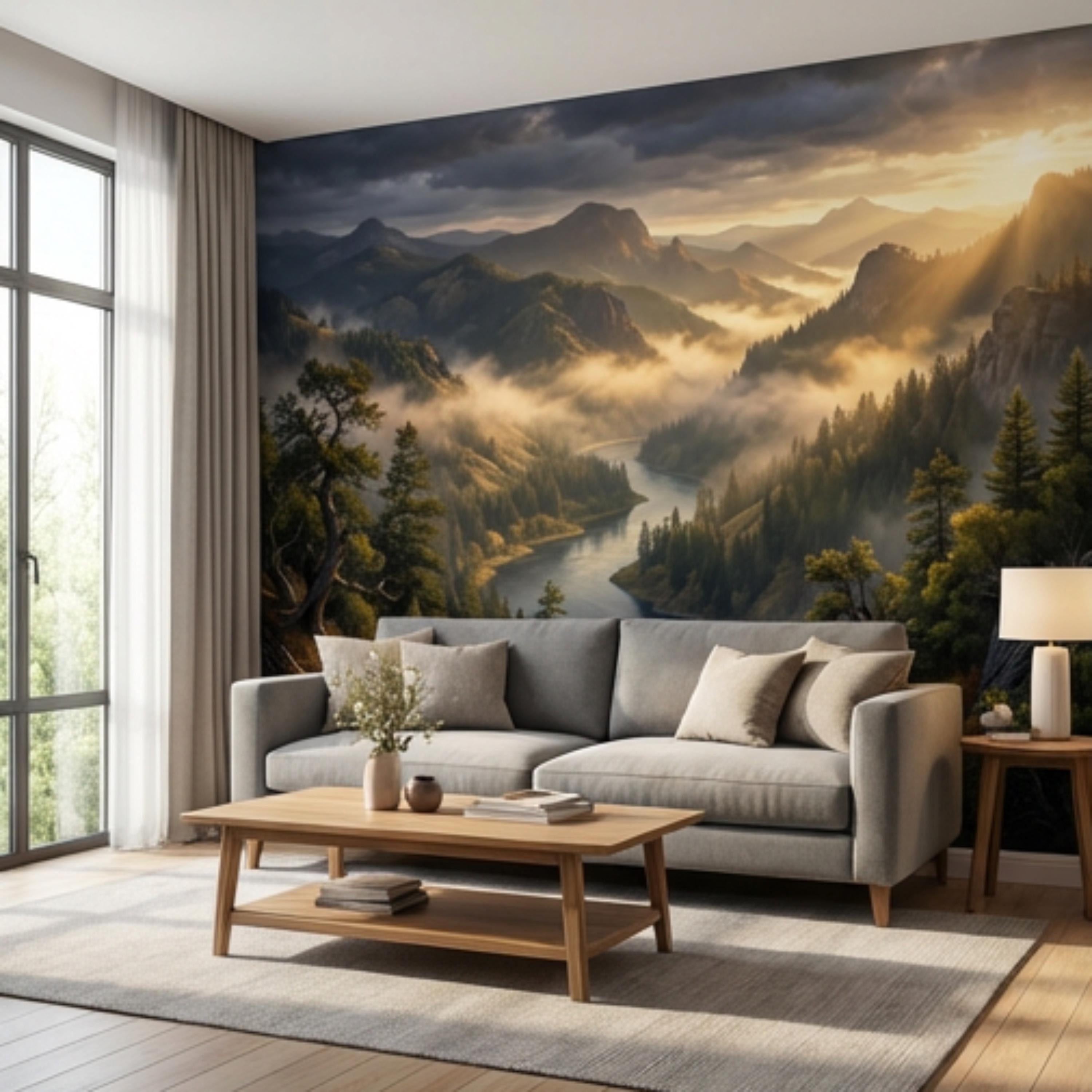 Mountain River Landscape Misty Forest Valley at Sunset Peel and Stick Wall Mural, Scenic Nature Wallpaper Living Room Bedroom