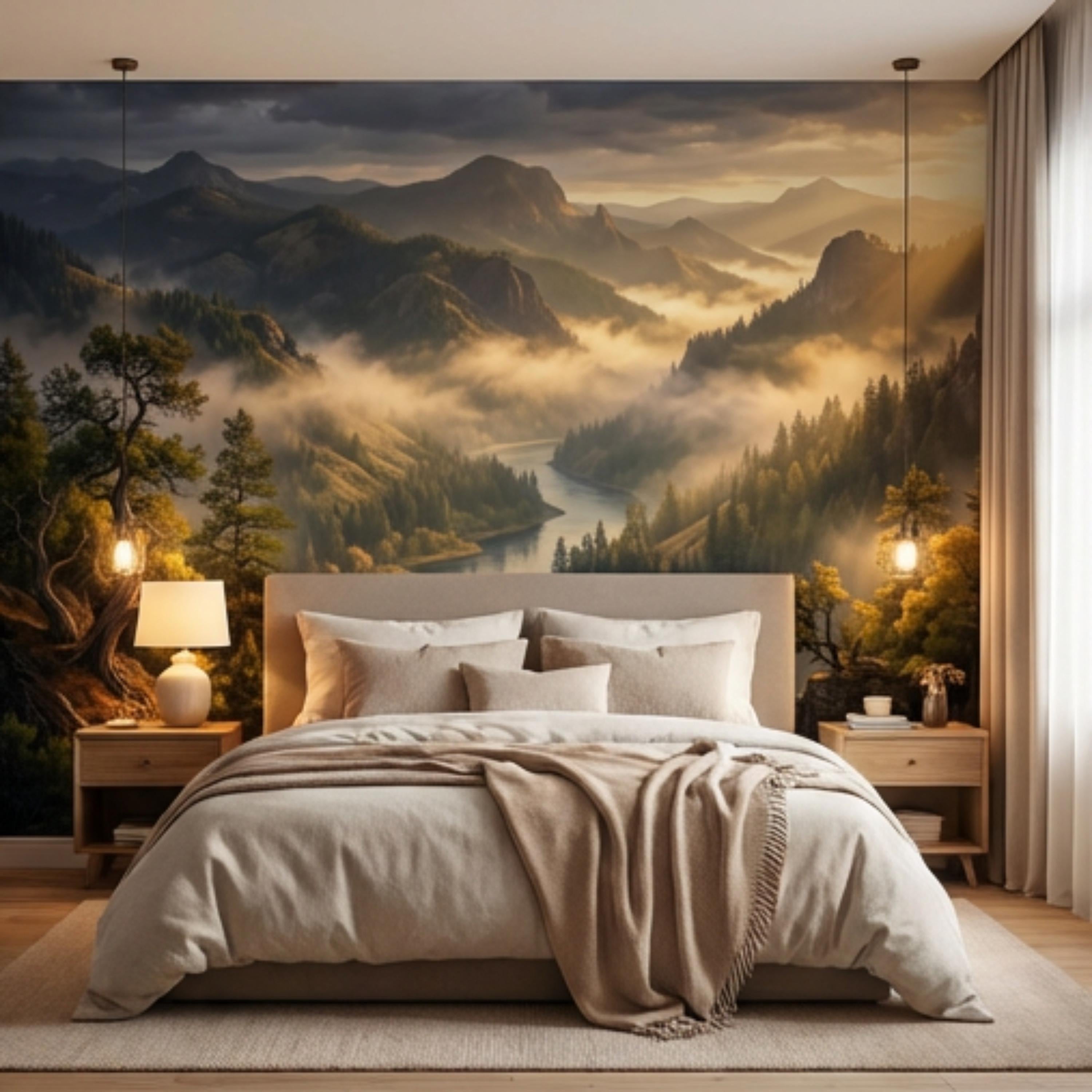 Mountain River Landscape Misty Forest Valley at Sunset Peel and Stick Wall Mural, Scenic Nature Wallpaper Living Room Bedroom