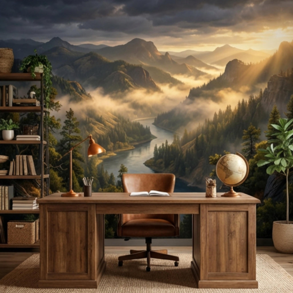 Mountain River Landscape Misty Forest Valley at Sunset Peel and Stick Wall Mural, Scenic Nature Wallpaper Living Room Bedroom