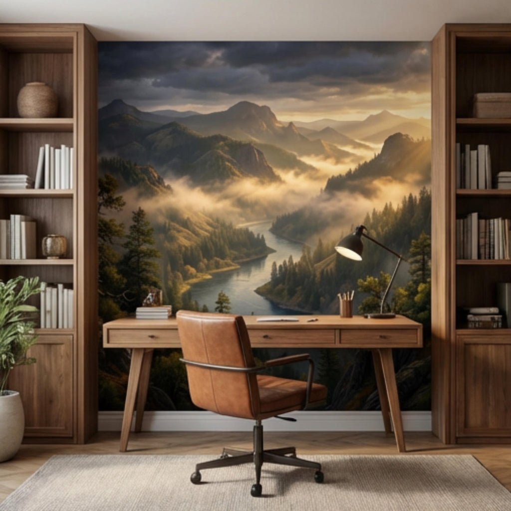 Mountain River Landscape Misty Forest Valley at Sunset Peel and Stick Wall Mural, Scenic Nature Wallpaper Living Room Bedroom