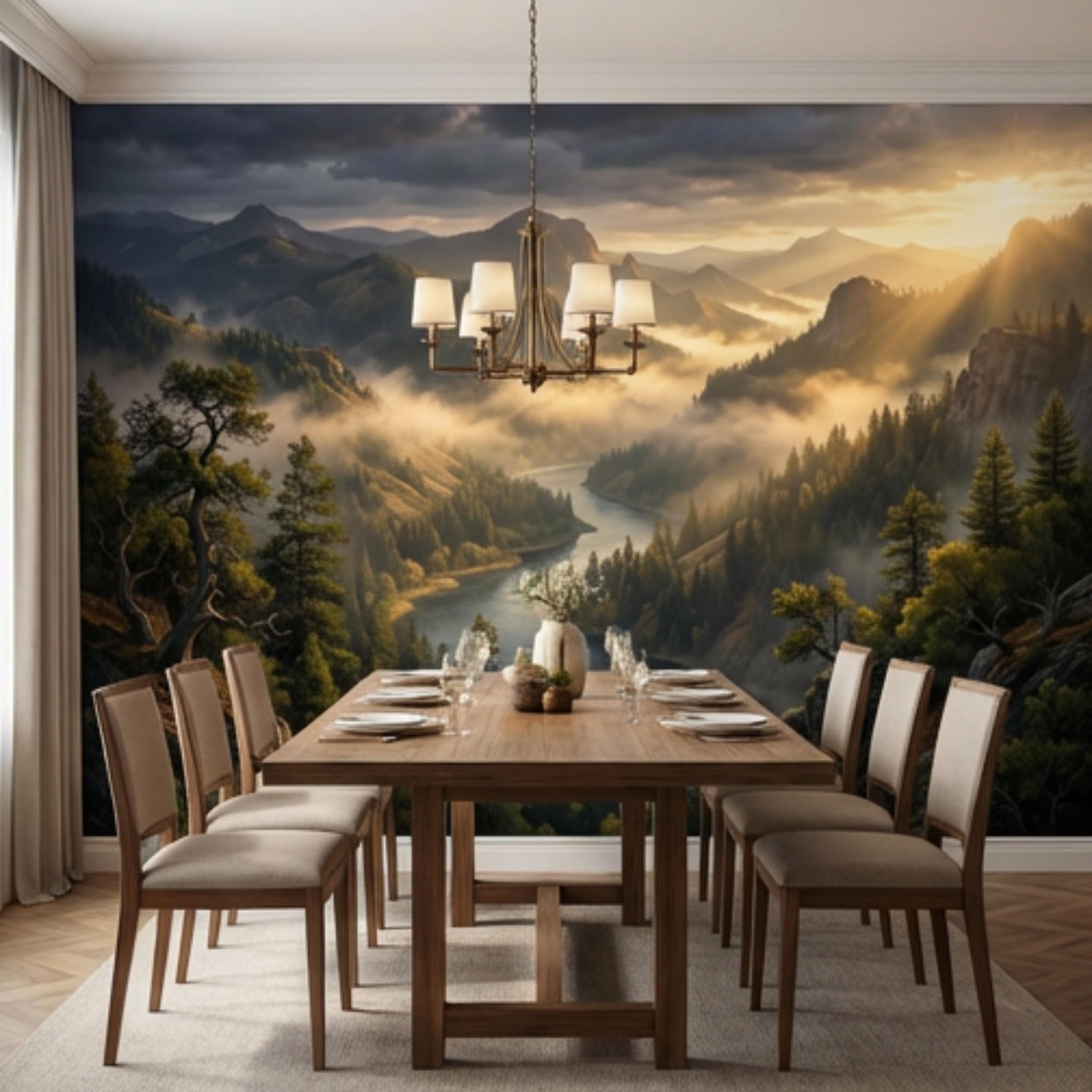 Mountain River Landscape Misty Forest Valley at Sunset Peel and Stick Wall Mural, Scenic Nature Wallpaper Living Room Bedroom