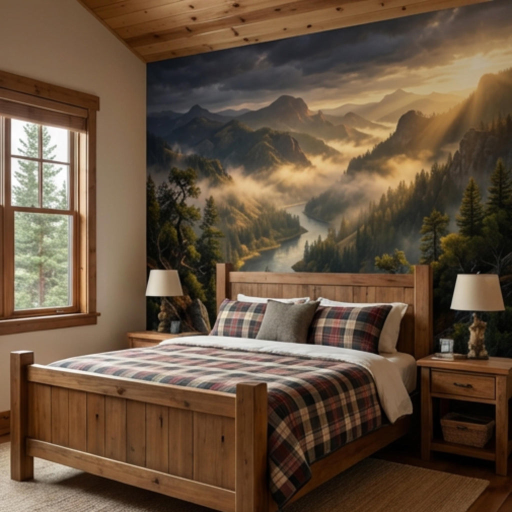 Mountain River Landscape Misty Forest Valley at Sunset Peel and Stick Wall Mural, Scenic Nature Wallpaper Living Room Bedroom