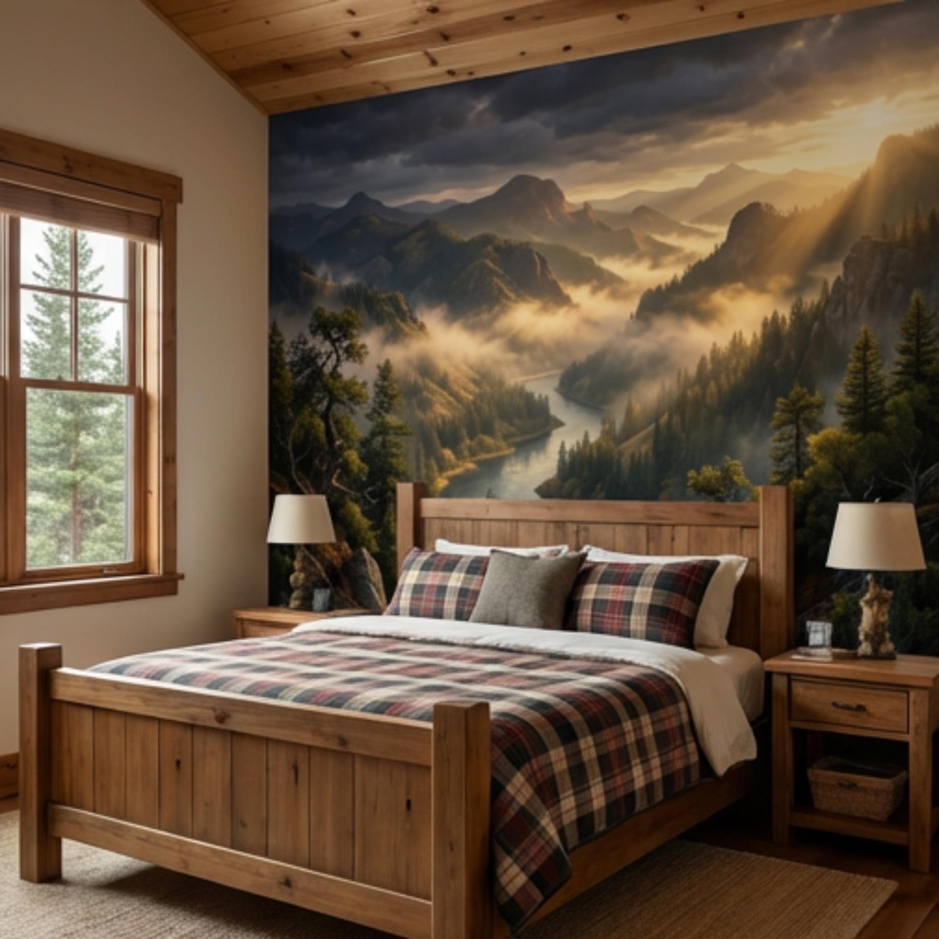 Mountain River Landscape Misty Forest Valley at Sunset Peel and Stick Wall Mural, Scenic Nature Wallpaper Living Room Bedroom