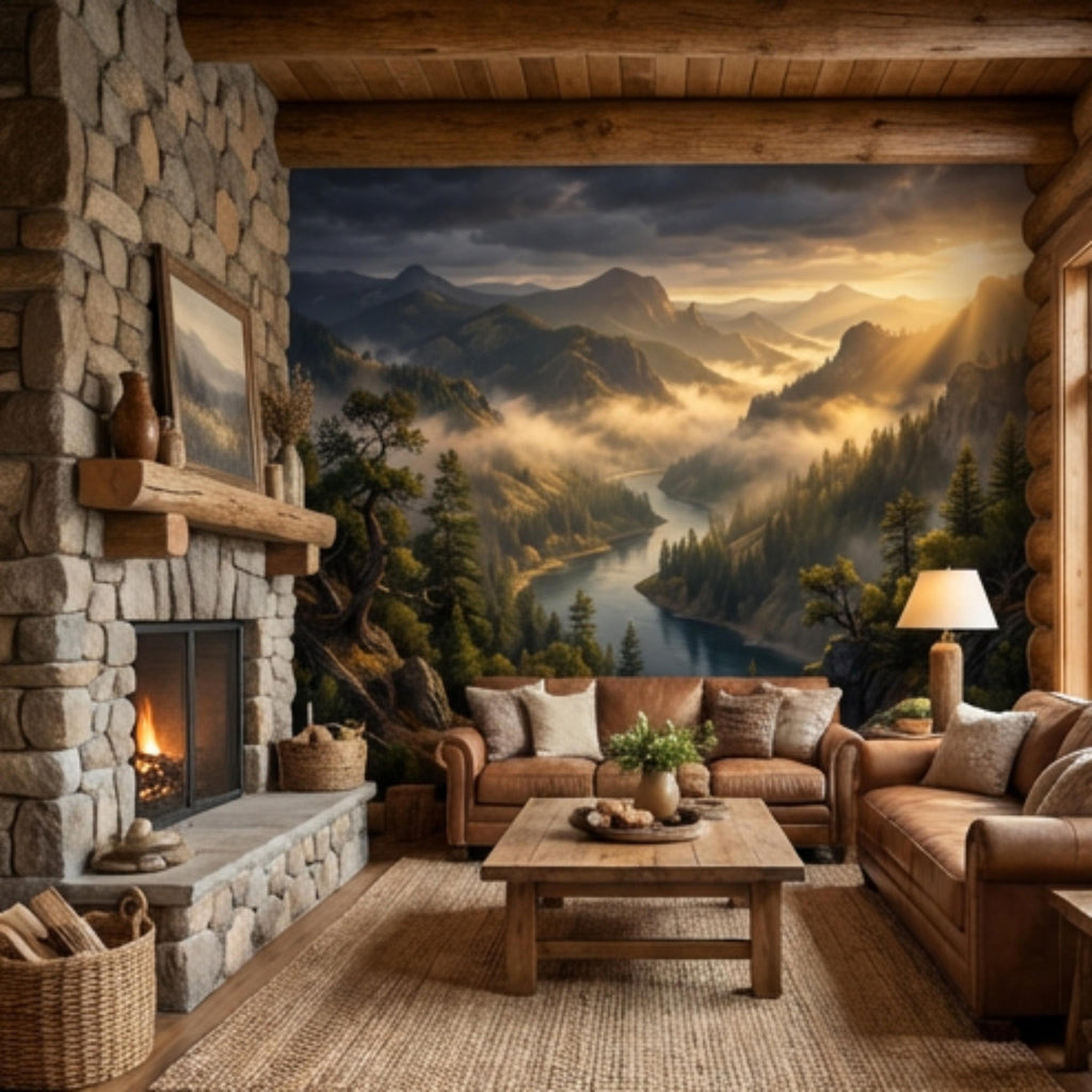 Mountain River Landscape Misty Forest Valley at Sunset Peel and Stick Wall Mural, Scenic Nature Wallpaper Living Room Bedroom