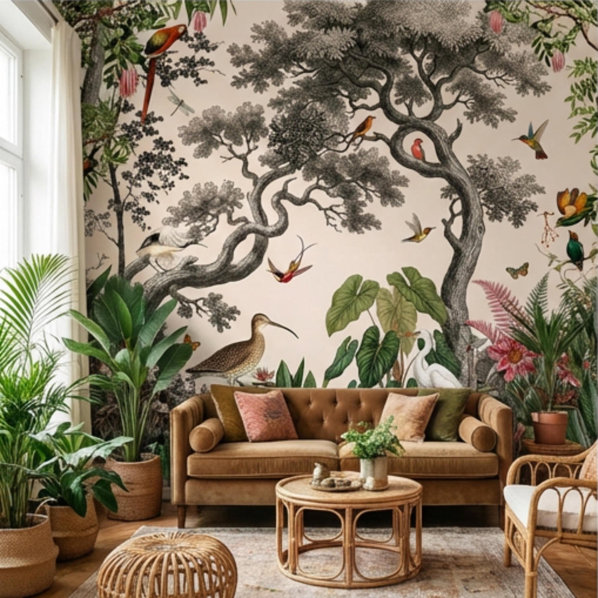 Tropical jungle wall mural with large tree, birds, and floating botanical foliage.