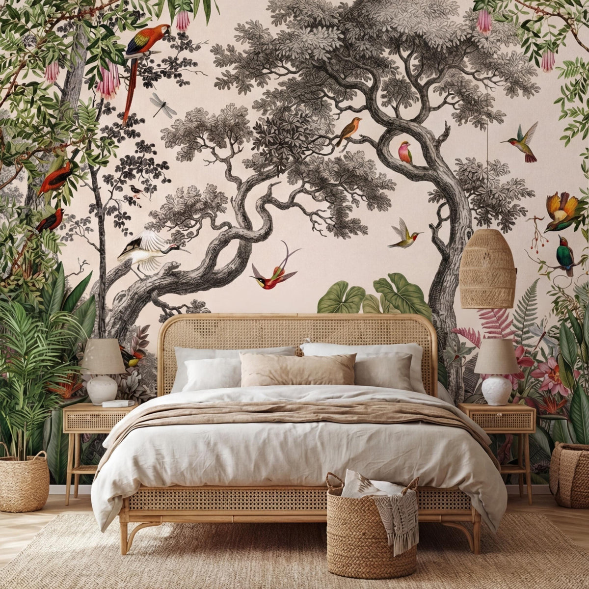 Tropical birds wall mural with large tree trunk, leaves, and flying hummingbirds.