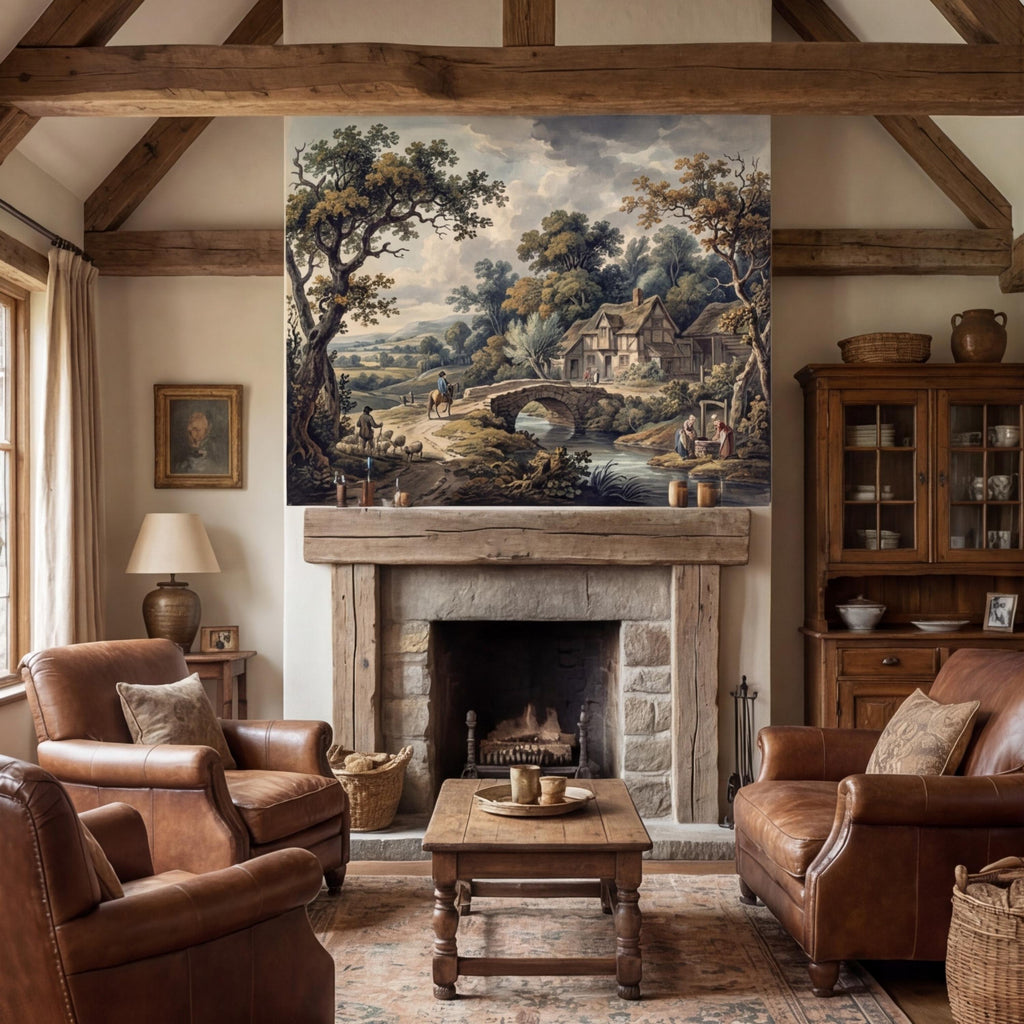 Vintage Pastoral Landscape Peel and Stick Wall Mural, English Countryside Cottage Stone Bridge River, Rustic Farmhouse Wallpaper