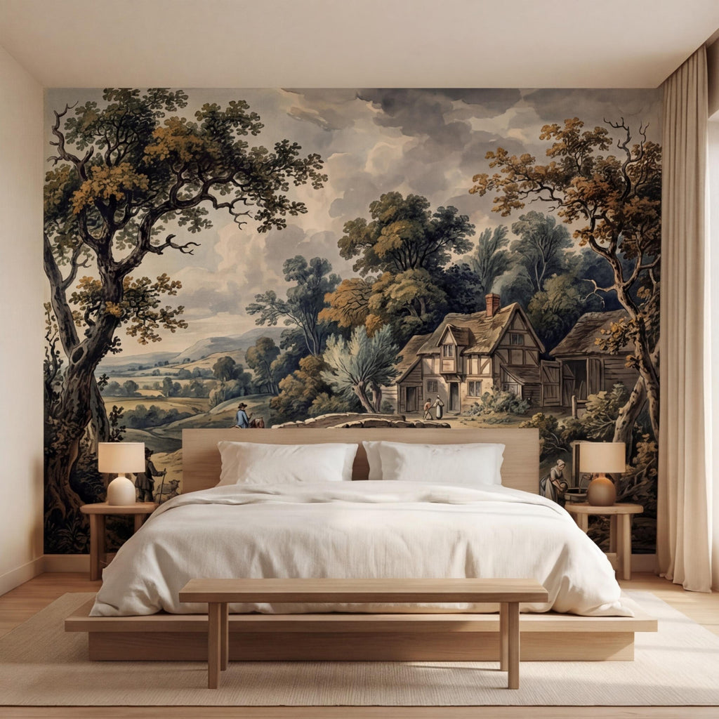 Vintage Pastoral Landscape Peel and Stick Wall Mural, English Countryside Cottage Stone Bridge River, Rustic Farmhouse Wallpaper