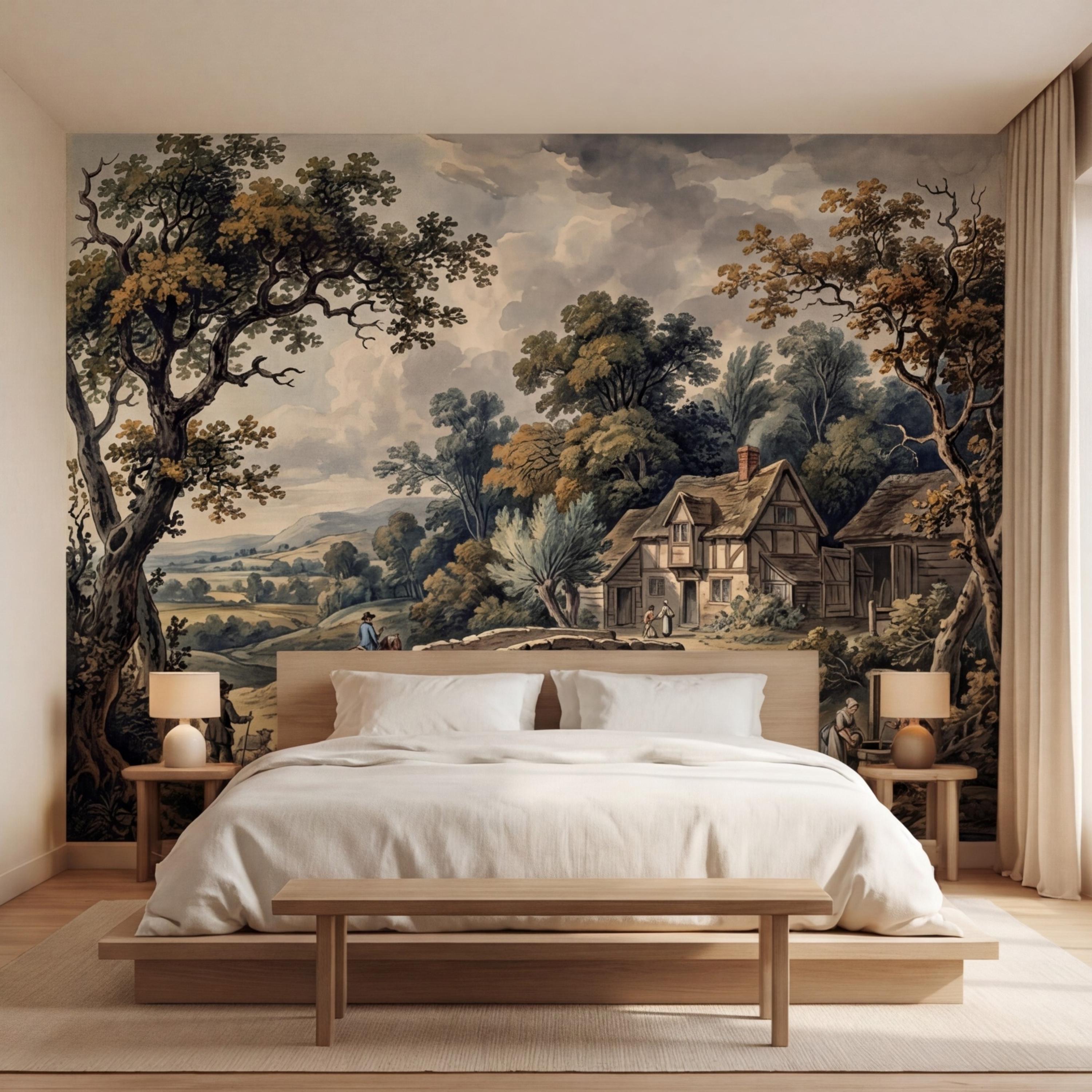 Vintage Pastoral Landscape Peel and Stick Wall Mural, English Countryside Cottage Stone Bridge River, Rustic Farmhouse Wallpaper