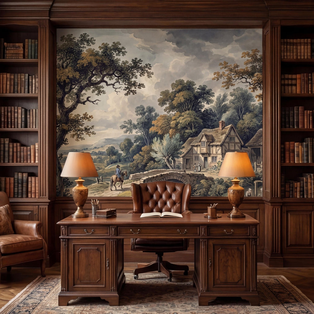 Vintage Pastoral Landscape Peel and Stick Wall Mural, English Countryside Cottage Stone Bridge River, Rustic Farmhouse Wallpaper