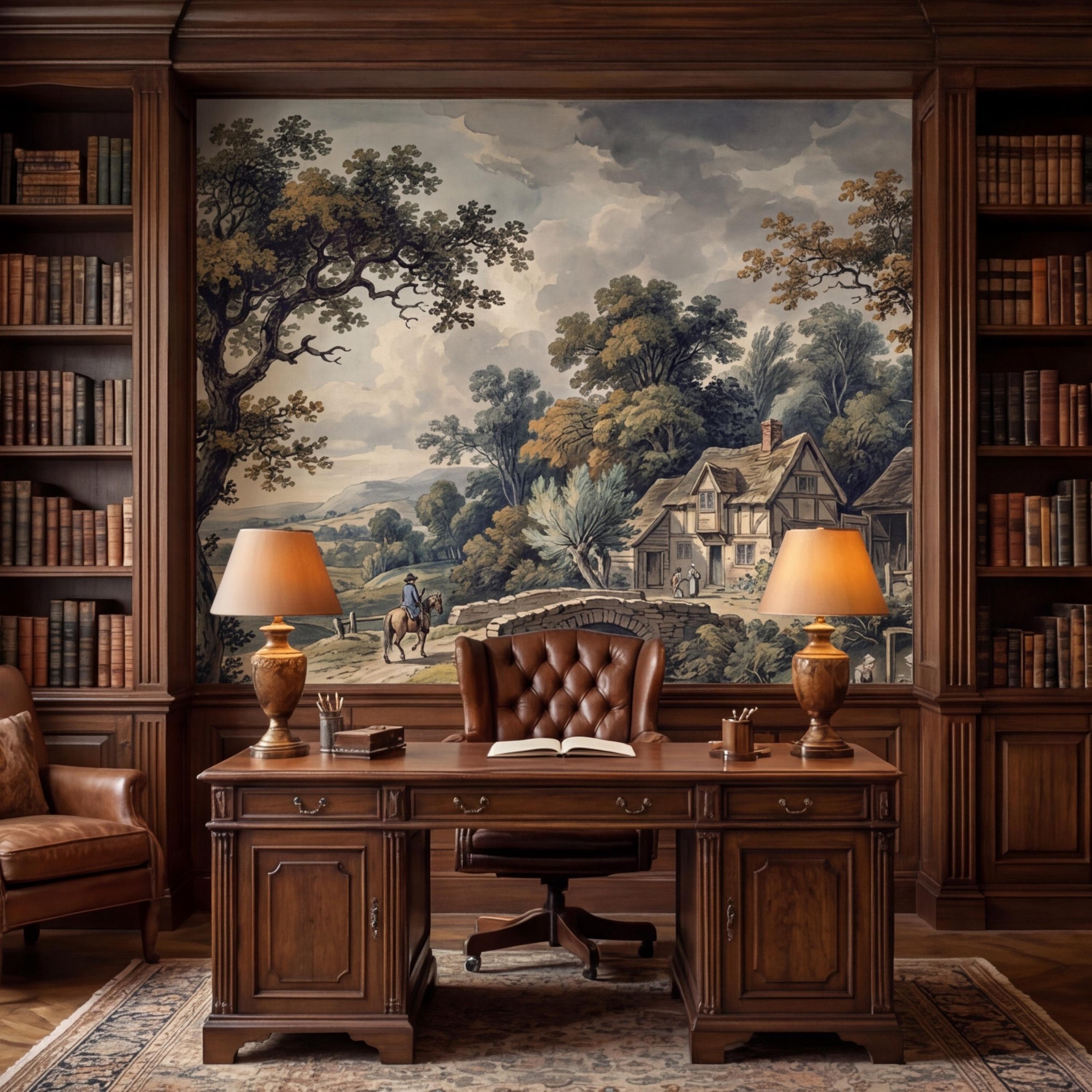 Vintage Pastoral Landscape Peel and Stick Wall Mural, English Countryside Cottage Stone Bridge River, Rustic Farmhouse Wallpaper