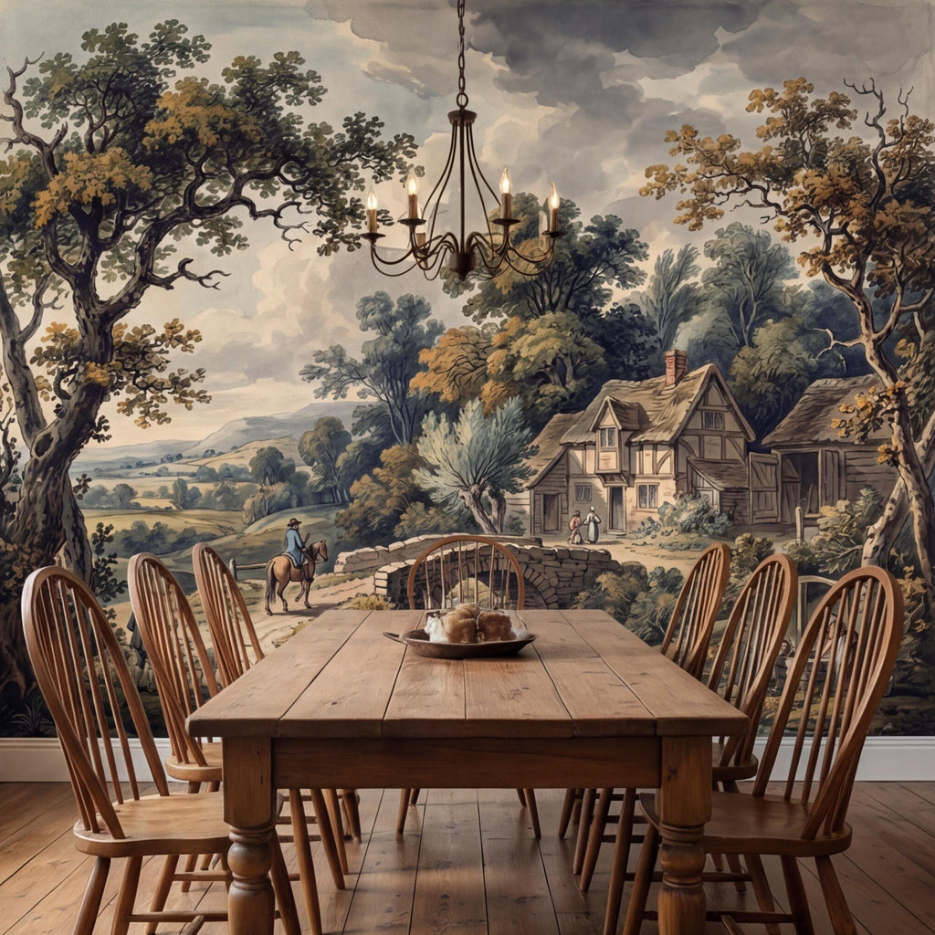 Vintage Pastoral Landscape Peel and Stick Wall Mural, English Countryside Cottage Stone Bridge River, Rustic Farmhouse Wallpaper