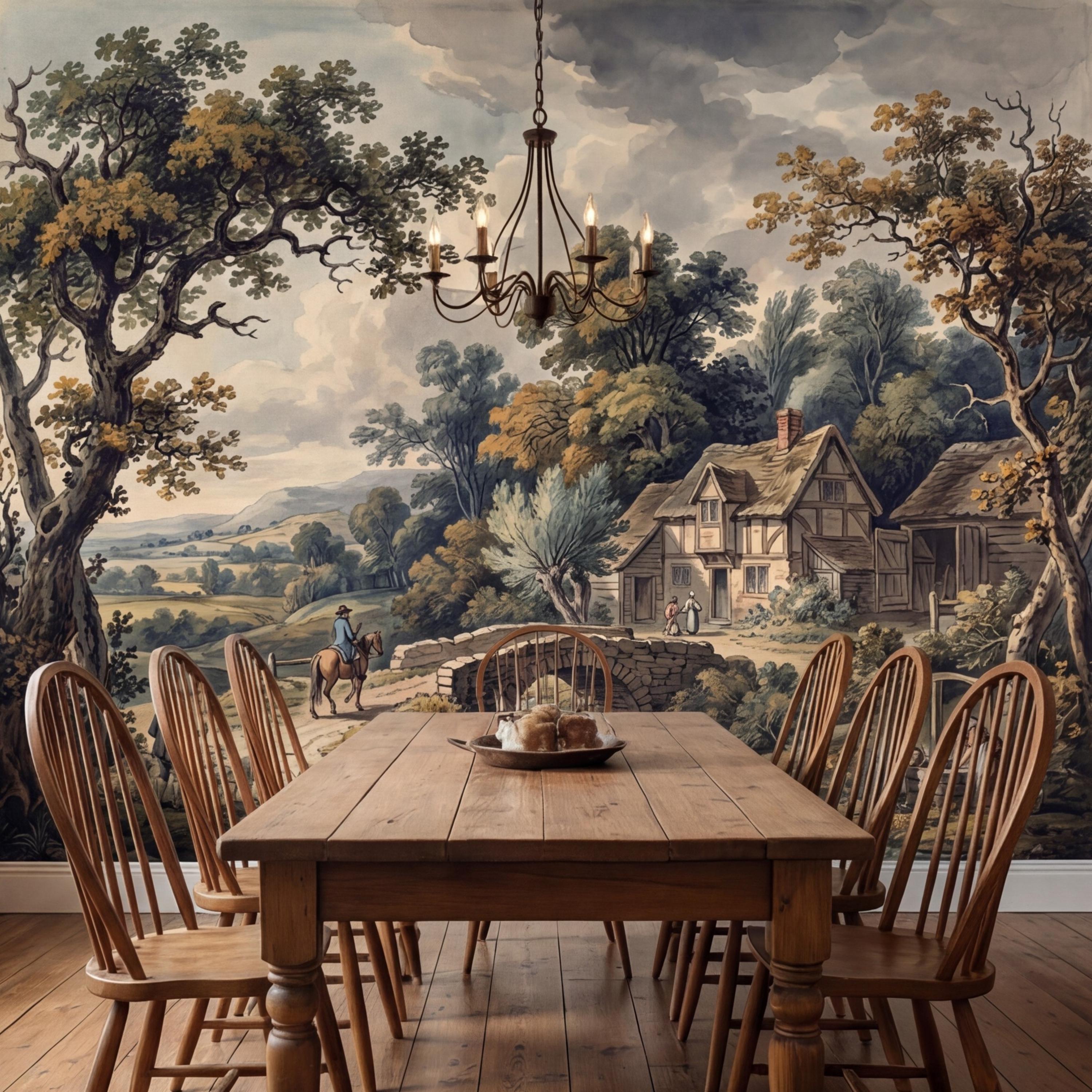 Vintage Pastoral Landscape Peel and Stick Wall Mural, English Countryside Cottage Stone Bridge River, Rustic Farmhouse Wallpaper