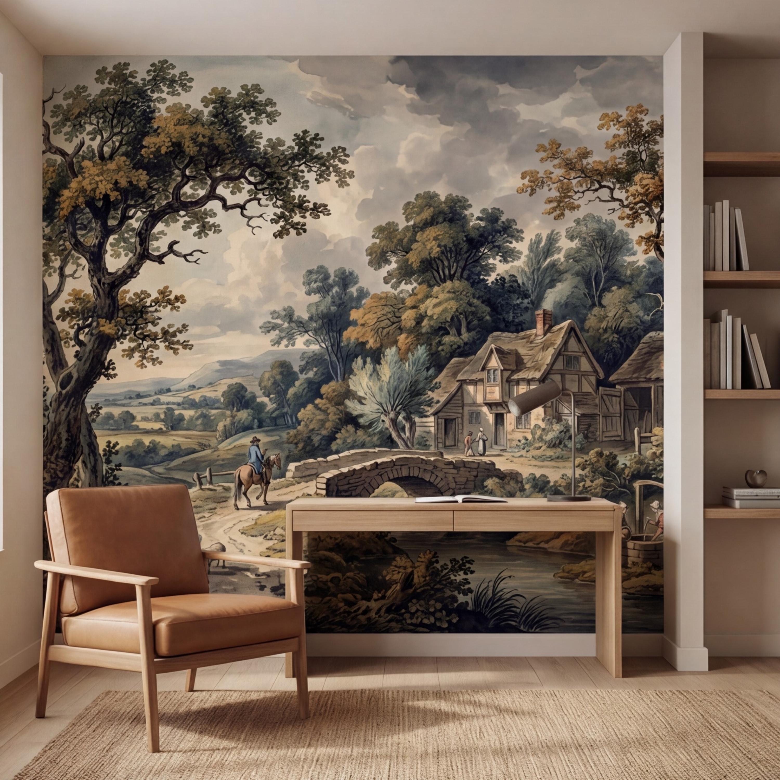 Vintage Pastoral Landscape Peel and Stick Wall Mural, English Countryside Cottage Stone Bridge River, Rustic Farmhouse Wallpaper
