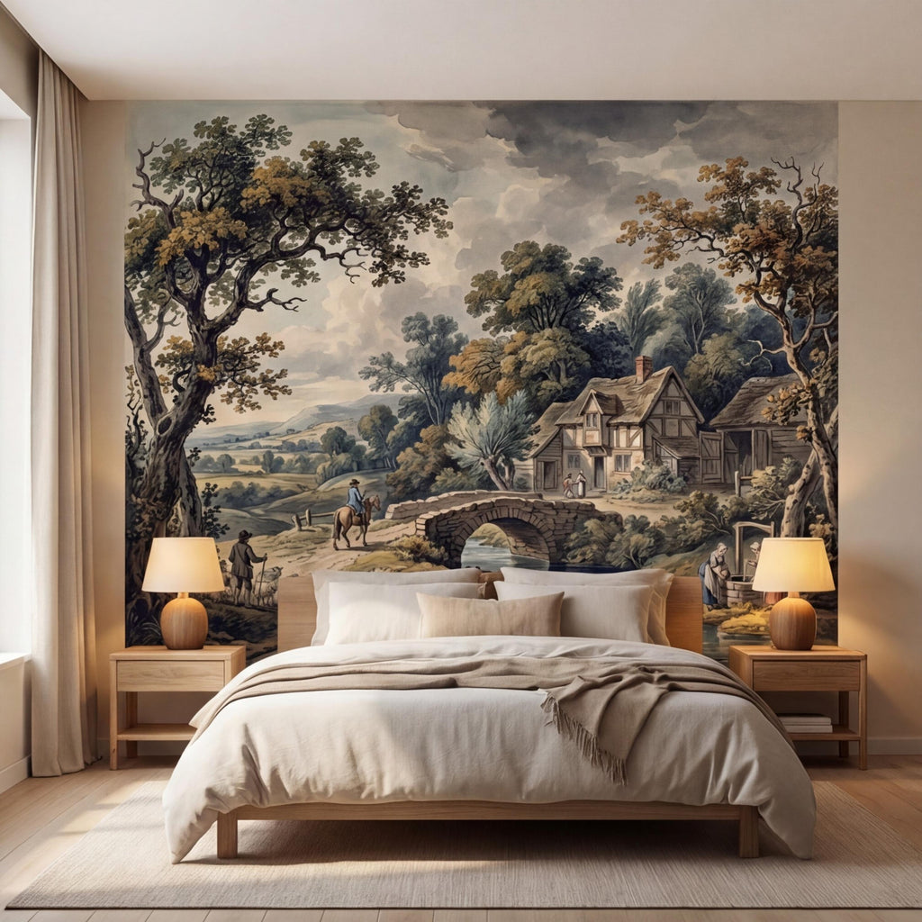 Vintage Pastoral Landscape Peel and Stick Wall Mural, English Countryside Cottage Stone Bridge River, Rustic Farmhouse Wallpaper