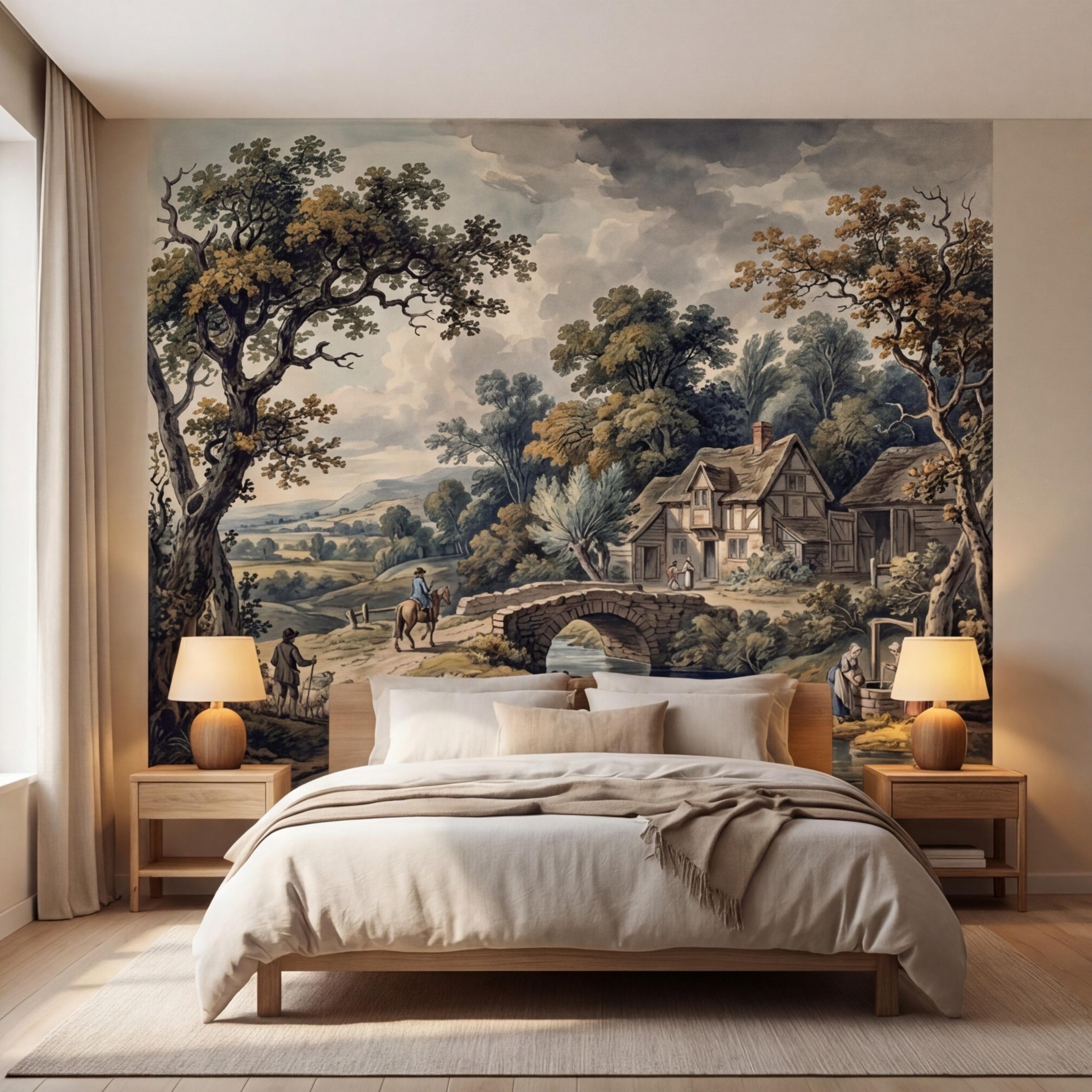 Vintage Pastoral Landscape Peel and Stick Wall Mural, English Countryside Cottage Stone Bridge River, Rustic Farmhouse Wallpaper