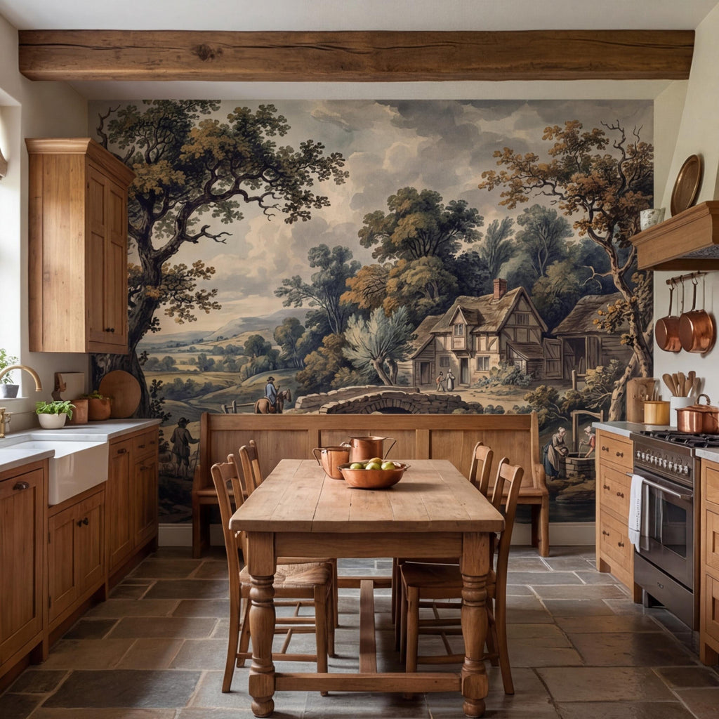Vintage Pastoral Landscape Peel and Stick Wall Mural, English Countryside Cottage Stone Bridge River, Rustic Farmhouse Wallpaper