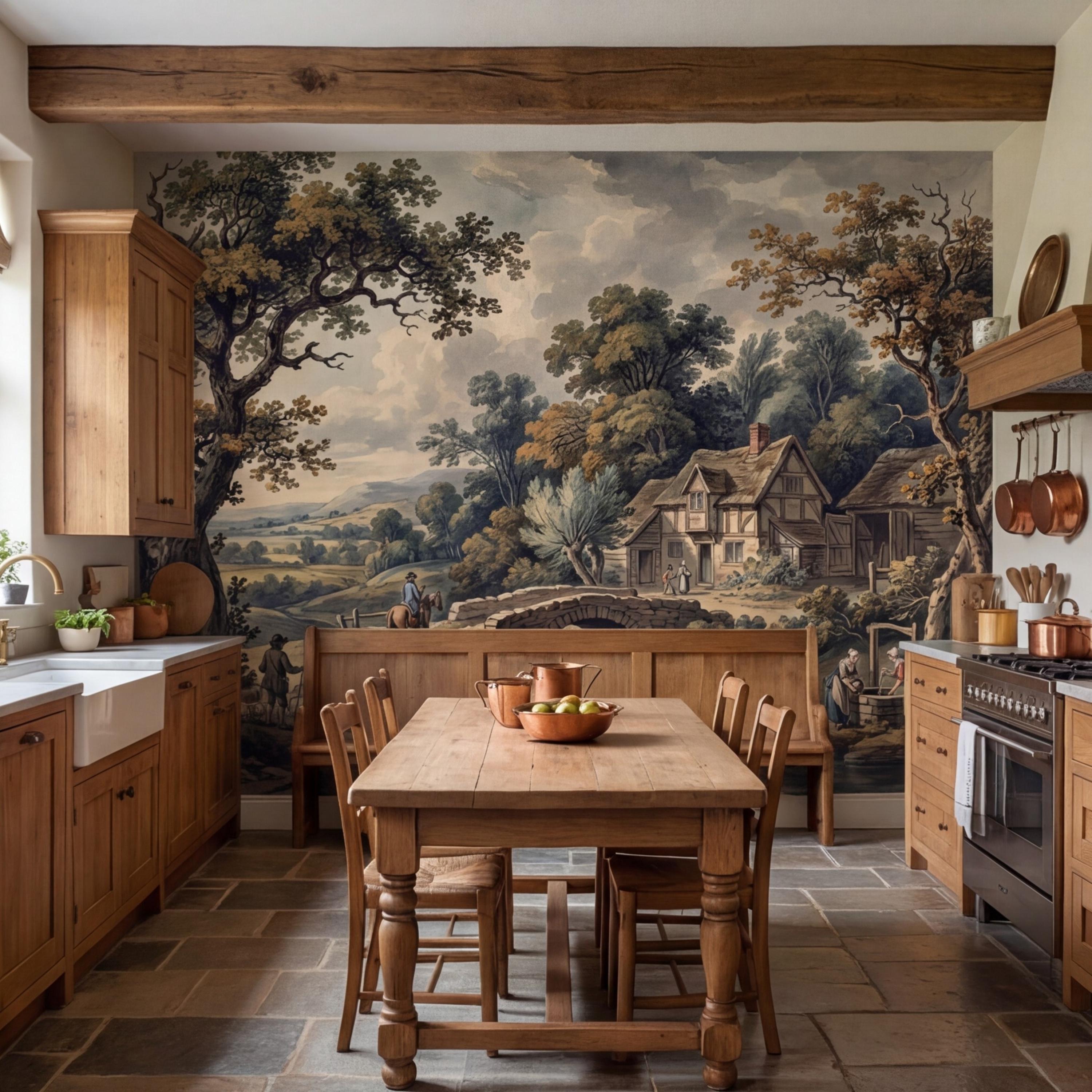 Vintage Pastoral Landscape Peel and Stick Wall Mural, English Countryside Cottage Stone Bridge River, Rustic Farmhouse Wallpaper