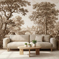 Sepia Vintage Engraving LandscapePeel and Stick Wall Mural, Woodland River Stone Bridge, Neutral Antique Toile Style Wallpaper