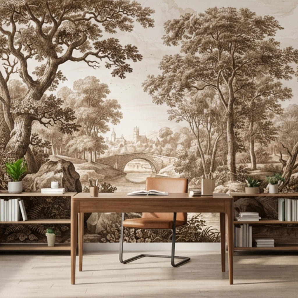 Sepia Vintage Engraving LandscapePeel and Stick Wall Mural, Woodland River Stone Bridge, Neutral Antique Toile Style Wallpaper
