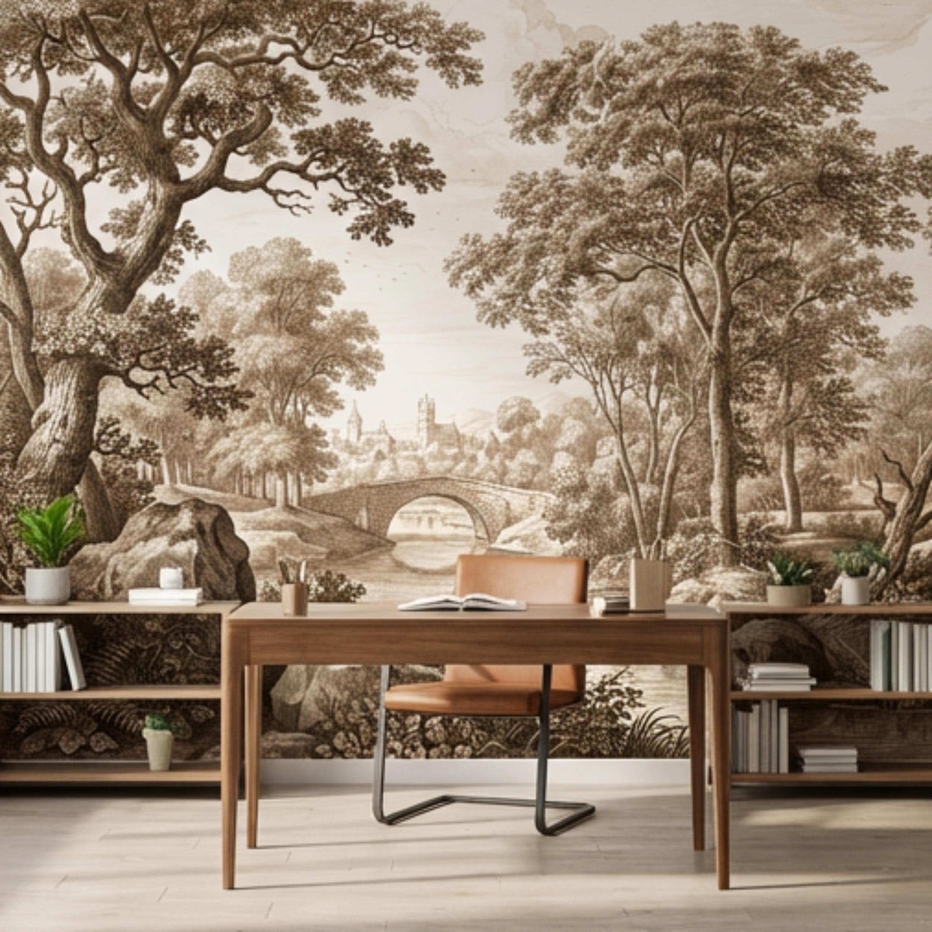 Sepia Vintage Engraving LandscapePeel and Stick Wall Mural, Woodland River Stone Bridge, Neutral Antique Toile Style Wallpaper